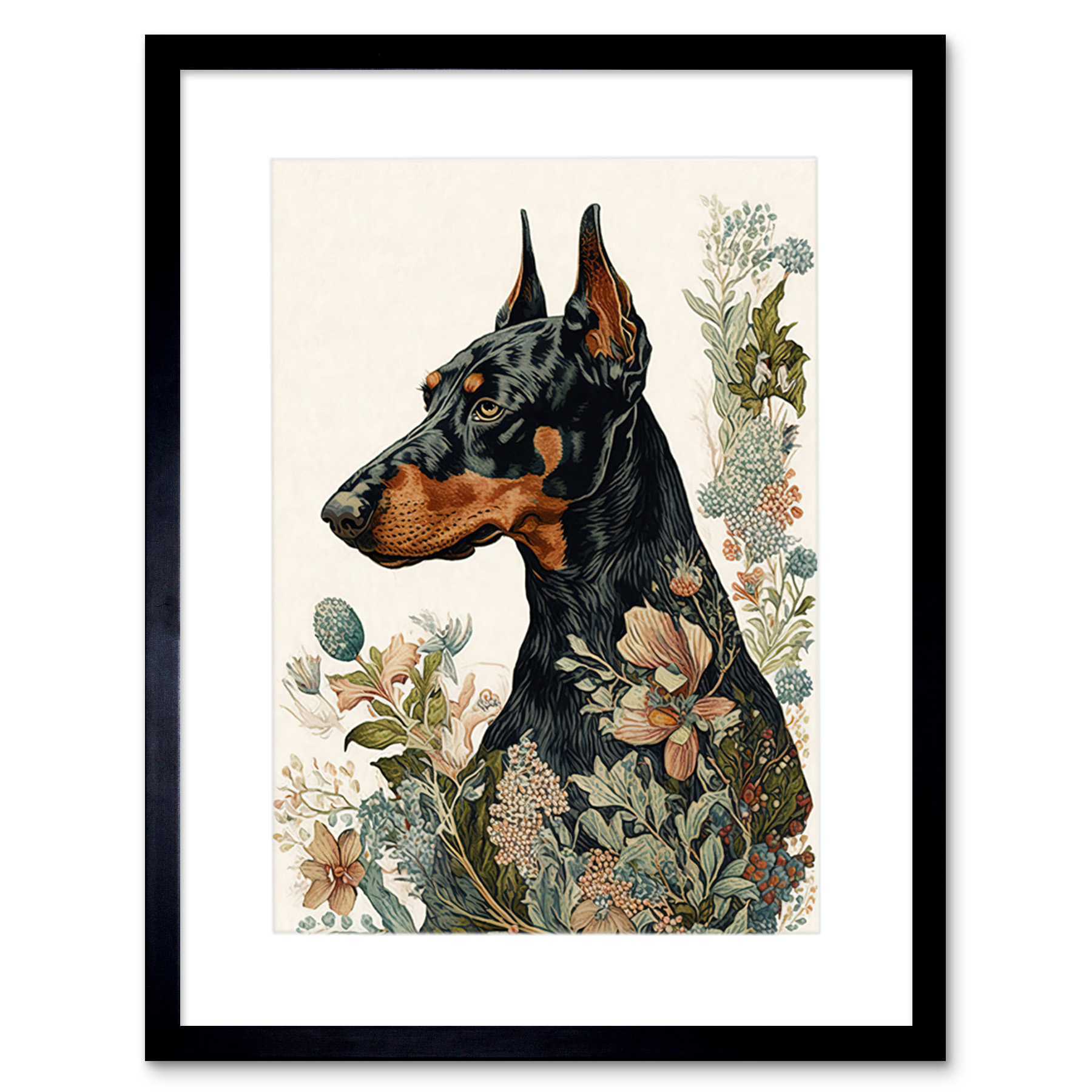 Doberman Dog Wildflowers Boho Watercolour Framed Wall Art Print Picture 9X7 In