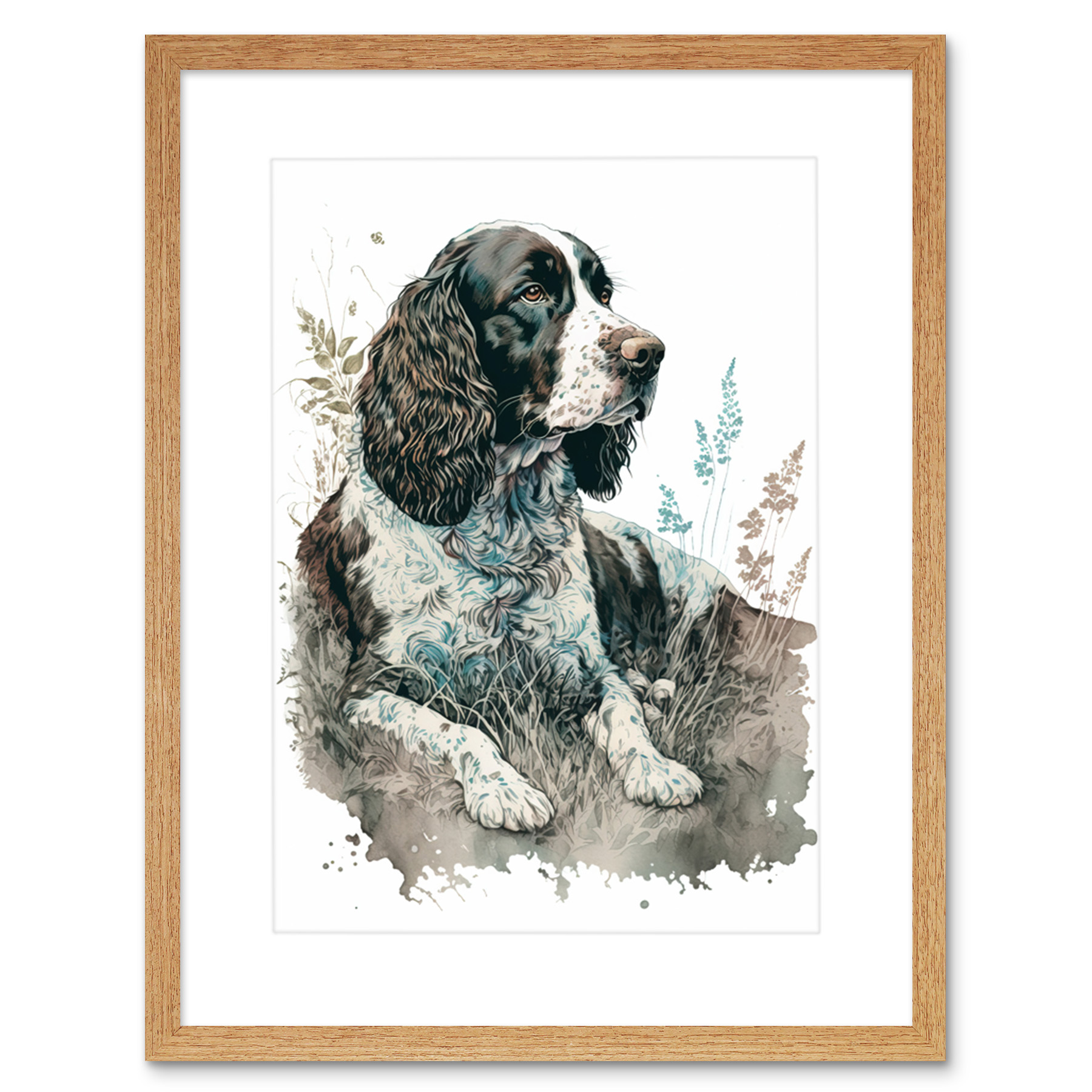 English Springer Spaniel Dog Lying in Field Framed Wall Art Print Picture 9X7 In