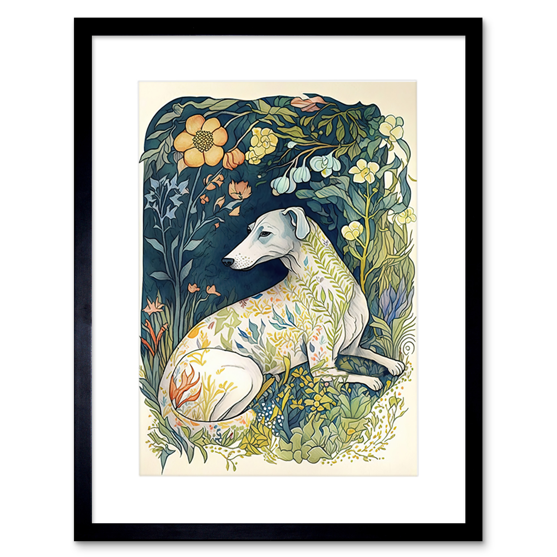 Greyhound Dog Pattern Fur in Flower Field Framed Wall Art Print Picture 9X7 In