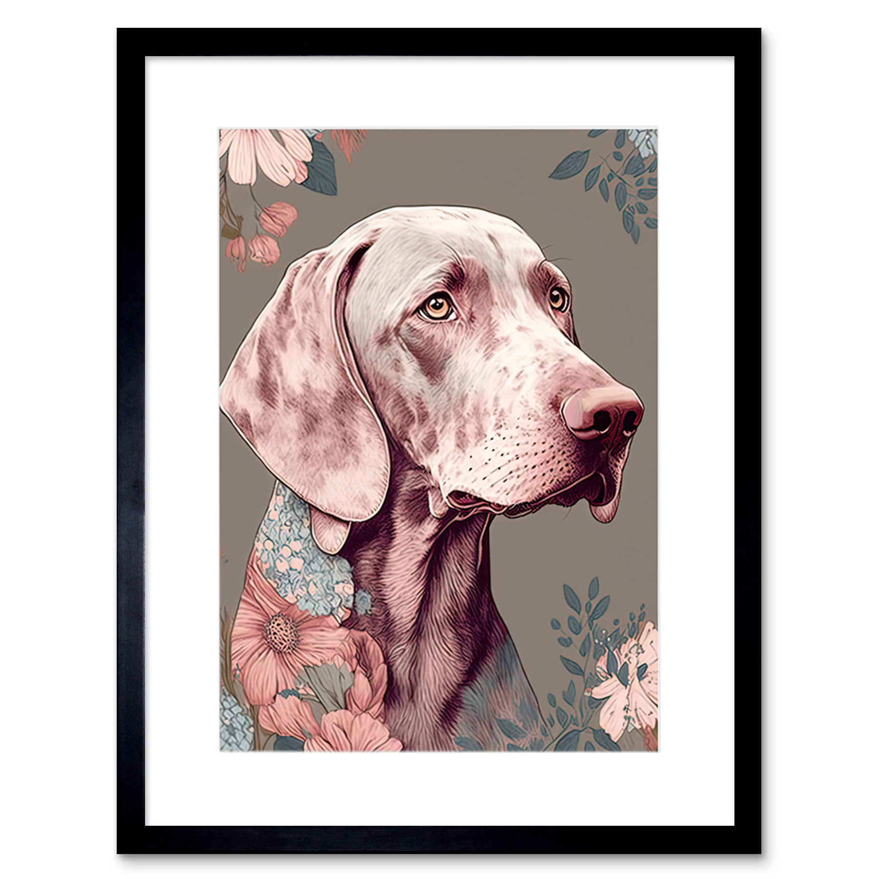 Weimaraner Dog Portrait with Flower Pattern Framed Wall Art Print Picture 9X7 In