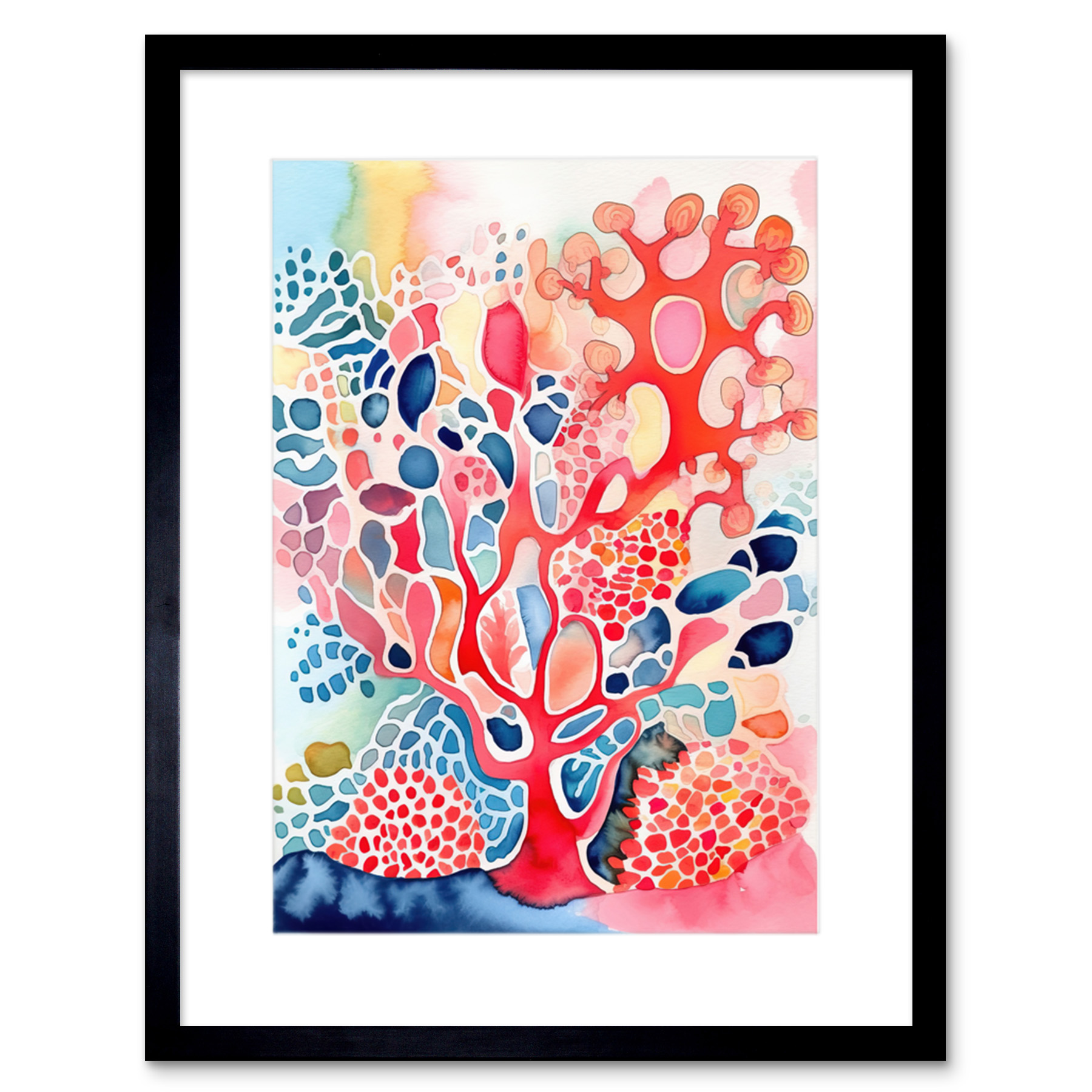 Pink Blue Coral Modern Folk Art Watercolour Framed Wall Art Print Picture 9X7 In
