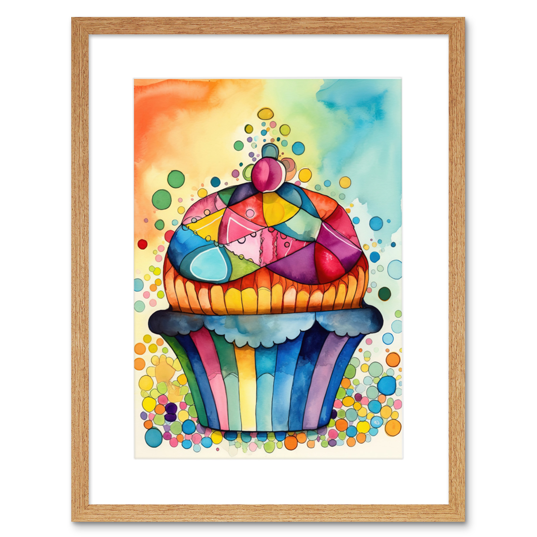 Cupcake Colourful Frosting Modern Watercolour Framed Wall Art Print Picture 9X7