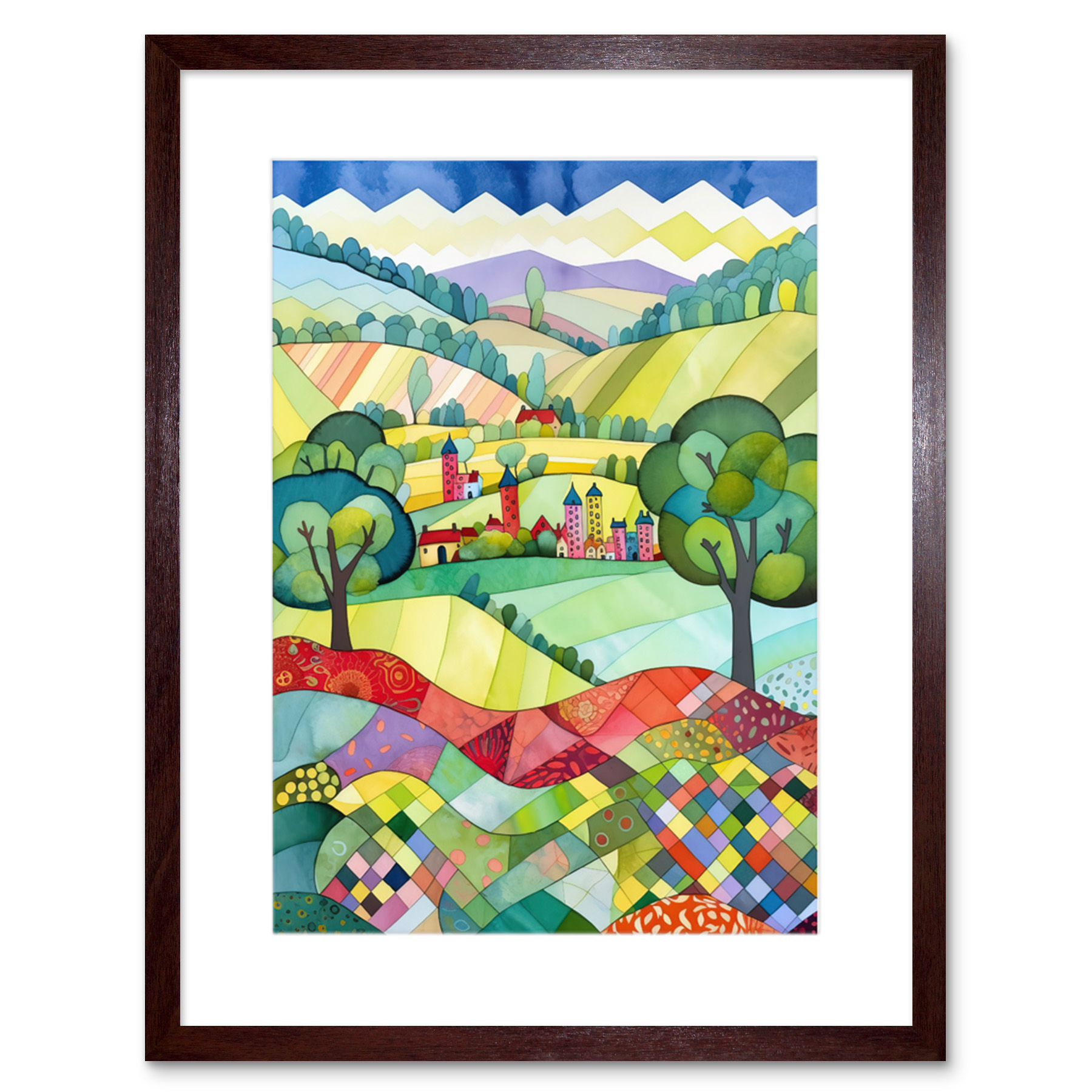 Countryside Rural Landscape Modern Folk Art Framed Wall Art Print Picture 9X7 In