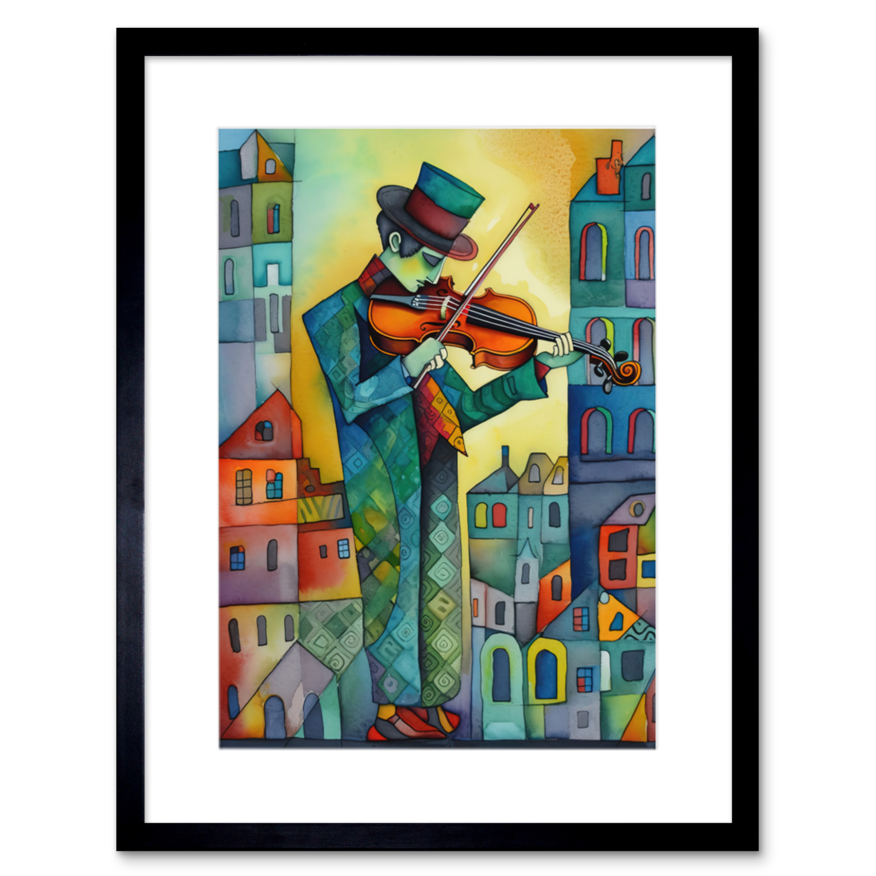 Fiddler On The Roof Modern Folk Art Watercolour Framed Art Print Picture 9X7 In