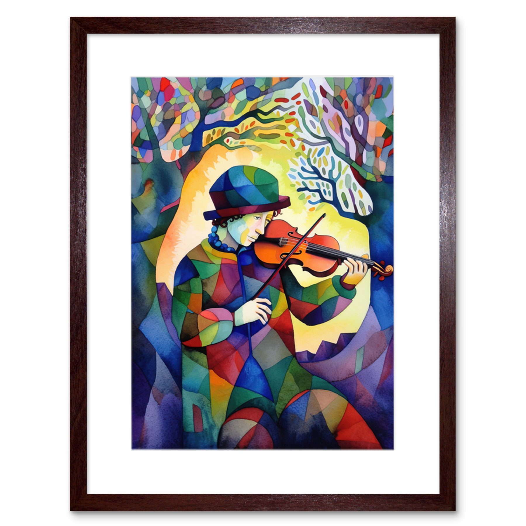 Forest Fiddle Player Modern Folk Art Watercolour Framed Art Print Picture 9X7 In