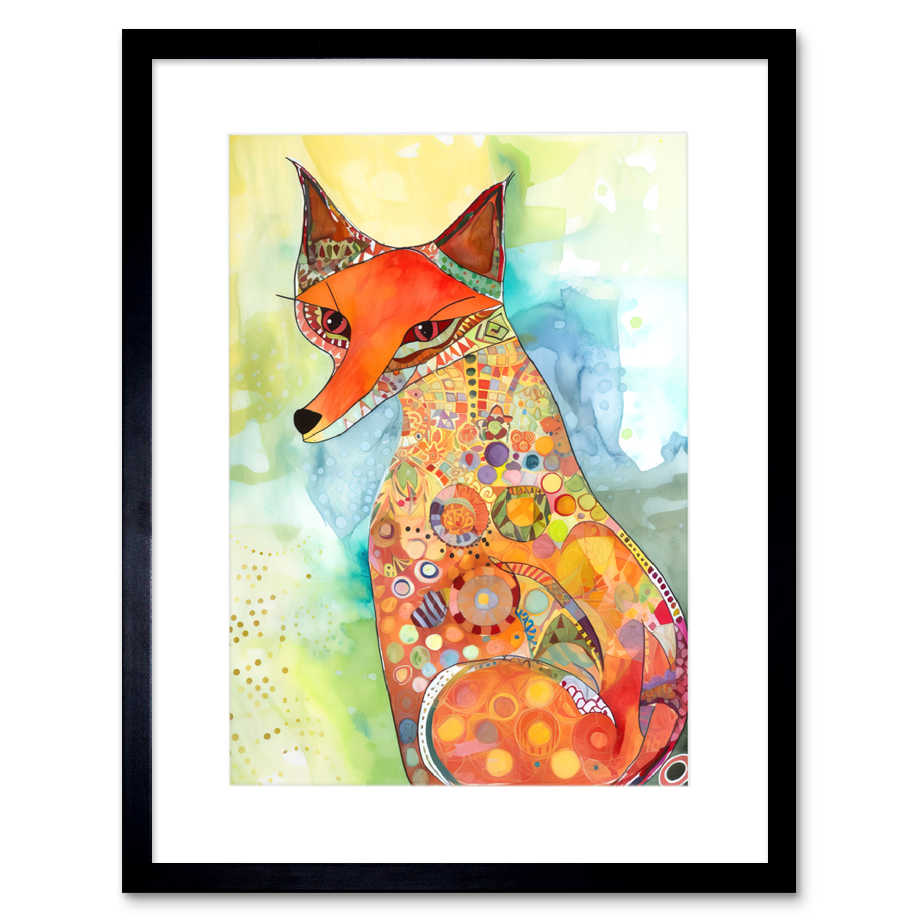 Sitting Fox Modern Folk Art Watercolour Painting Framed Art Print Picture 9X7 In