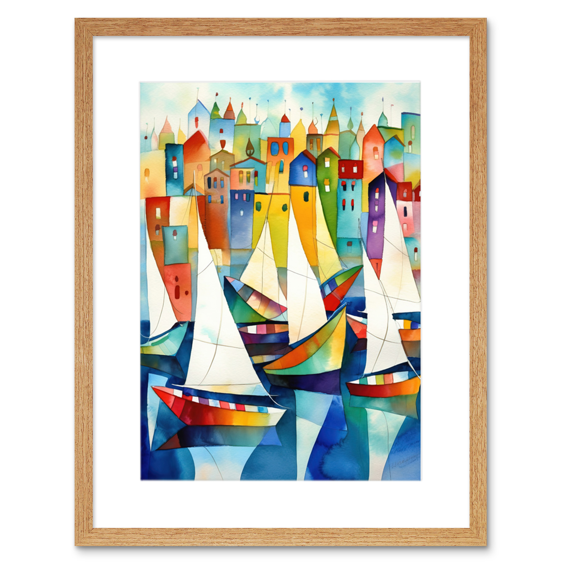 Harbour Boats Modern Folk Art Watercolour Painting Framed Art Print Picture 9X7""