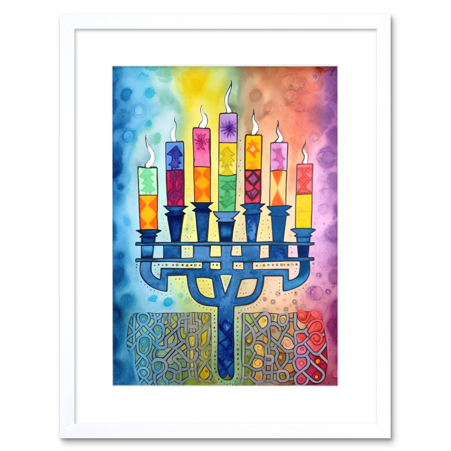 Jewish Menorah Candles Modern Multicolour Folk Art Framed Art Print Picture 9X7""