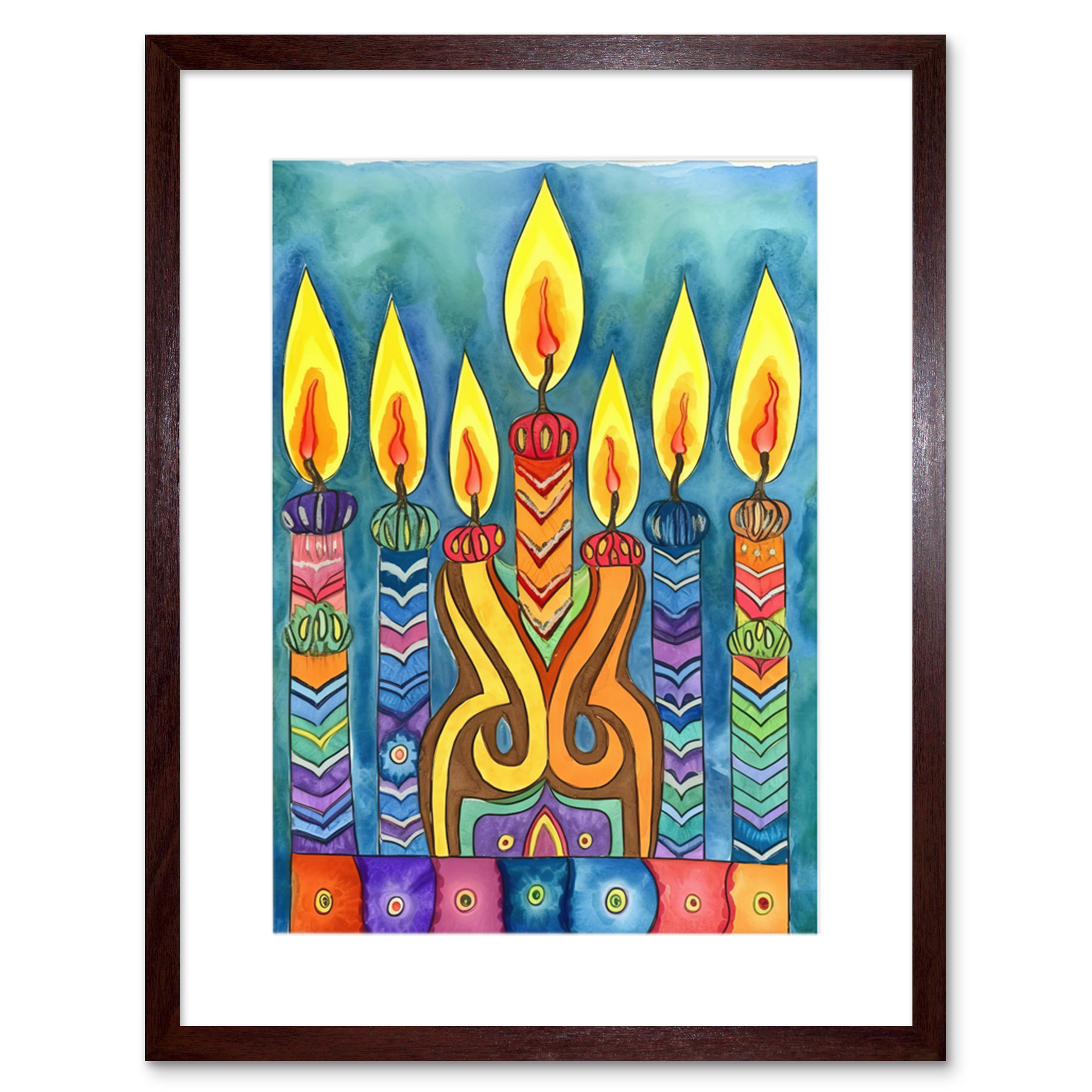Jewish Menorah Candle Patterns Modern Folk Art Framed Wall Art Print Picture 9X7