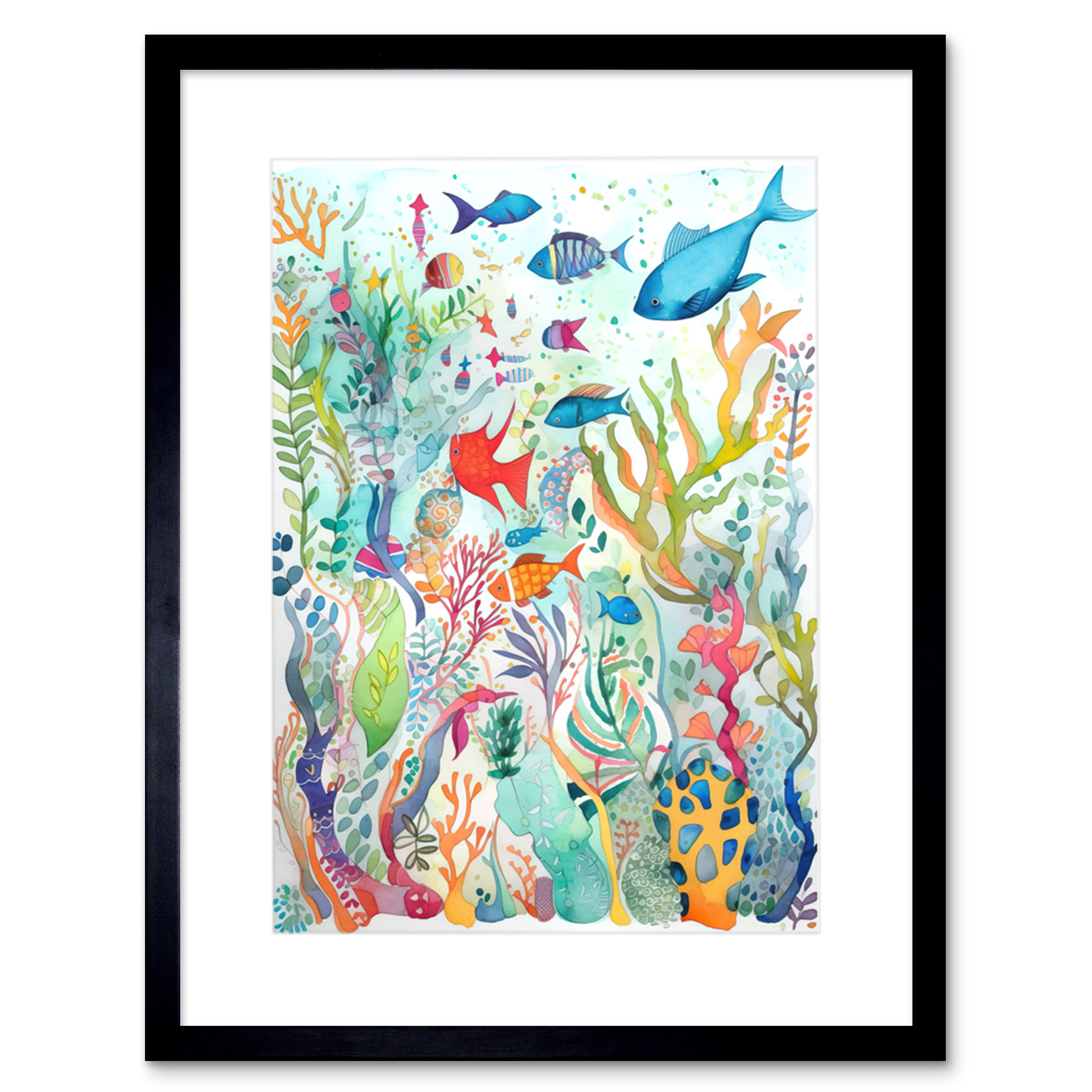 Aquatic Scene Marine Life Modern Folk Art Painting Framed Art Print Picture 9X7""
