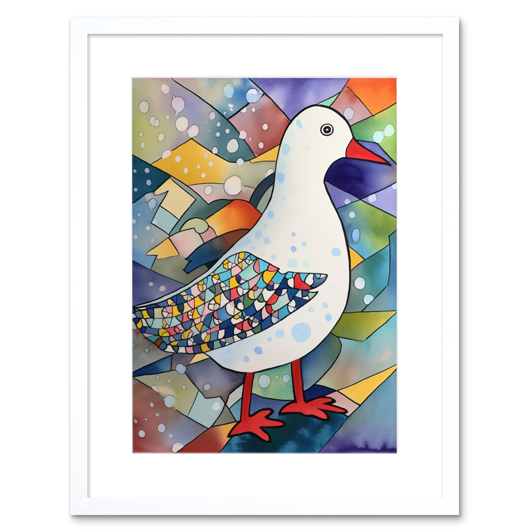 Seagull On Rocks In Winter Modern Folk Art Framed Wall Art Print Picture 9X7 In