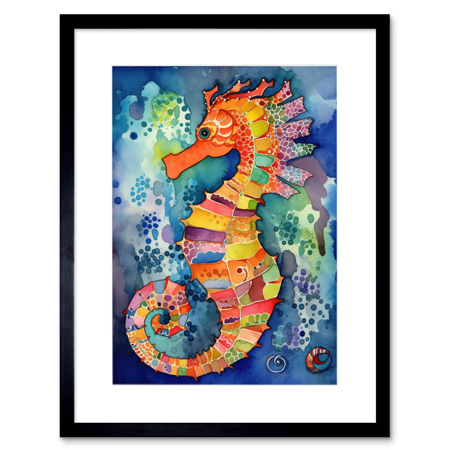 Vibrant Colour Pattern Seahorse Modern Folk Art Framed Art Print Picture 9X7 In
