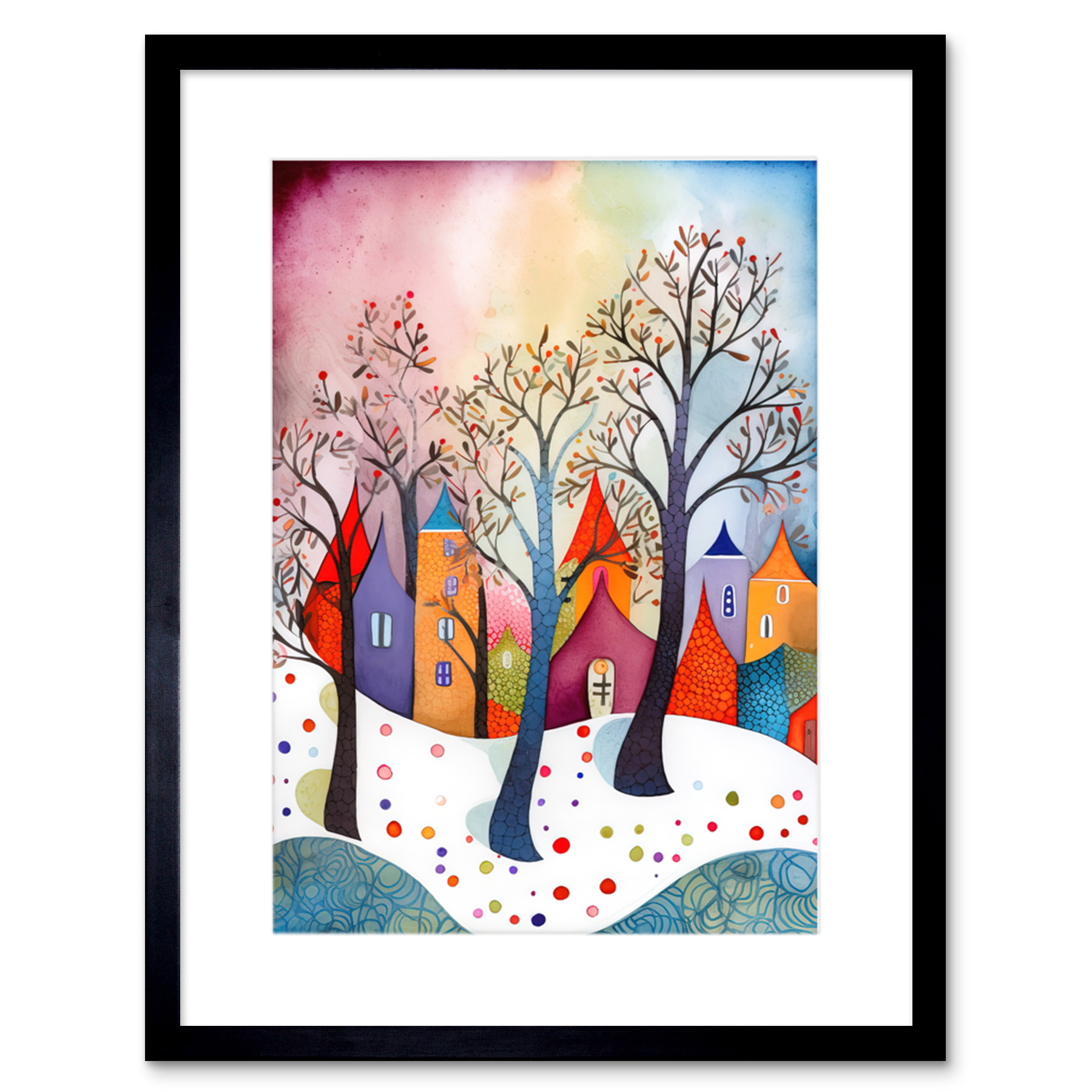 Winter Whimsy Forest Village Modern Folk Art Framed Wall Art Print Picture 9X7