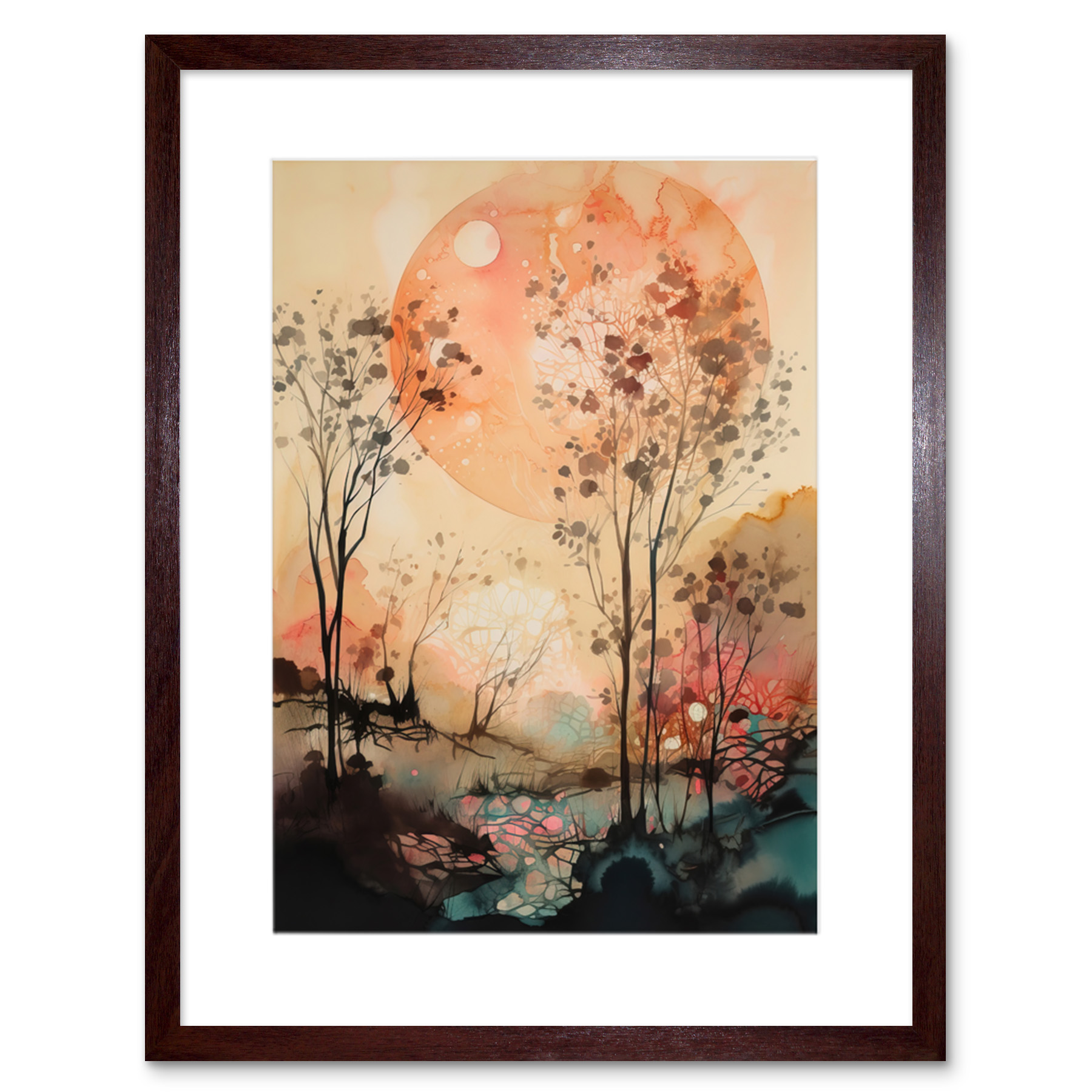 Misty Riverside Trees Sunset Landscape Modern Boho Framed Art Print Picture 9X7""