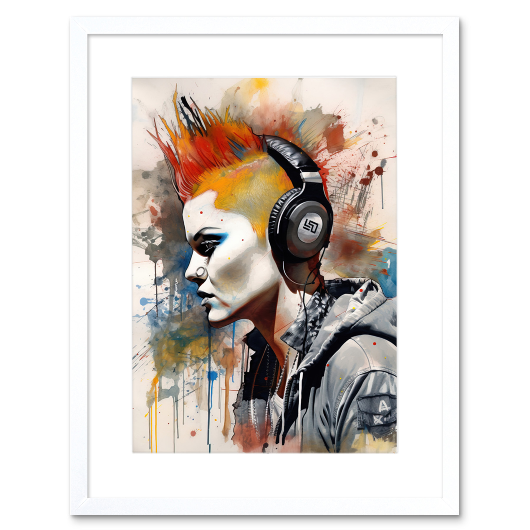 Edgy Young Punk Woman Red Mohawk Music Headphones Framed Art Print Picture 9X7""
