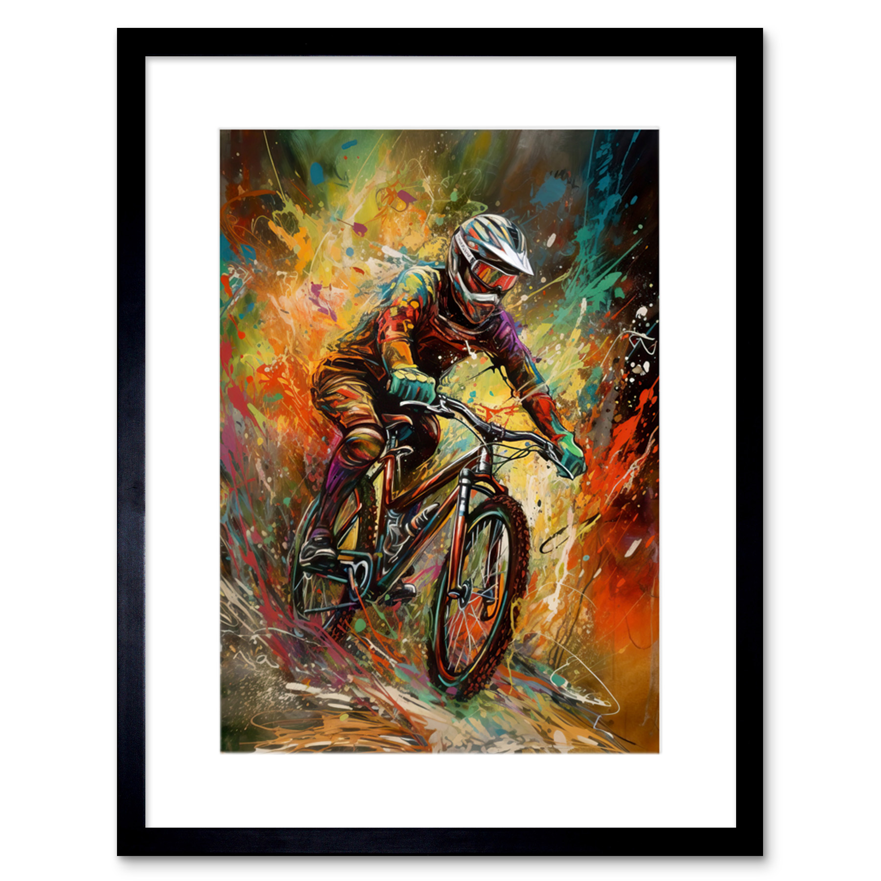 Mountain Biker Paint Splat Portrait Action Shot Framed Wall Art Print 9X7 In