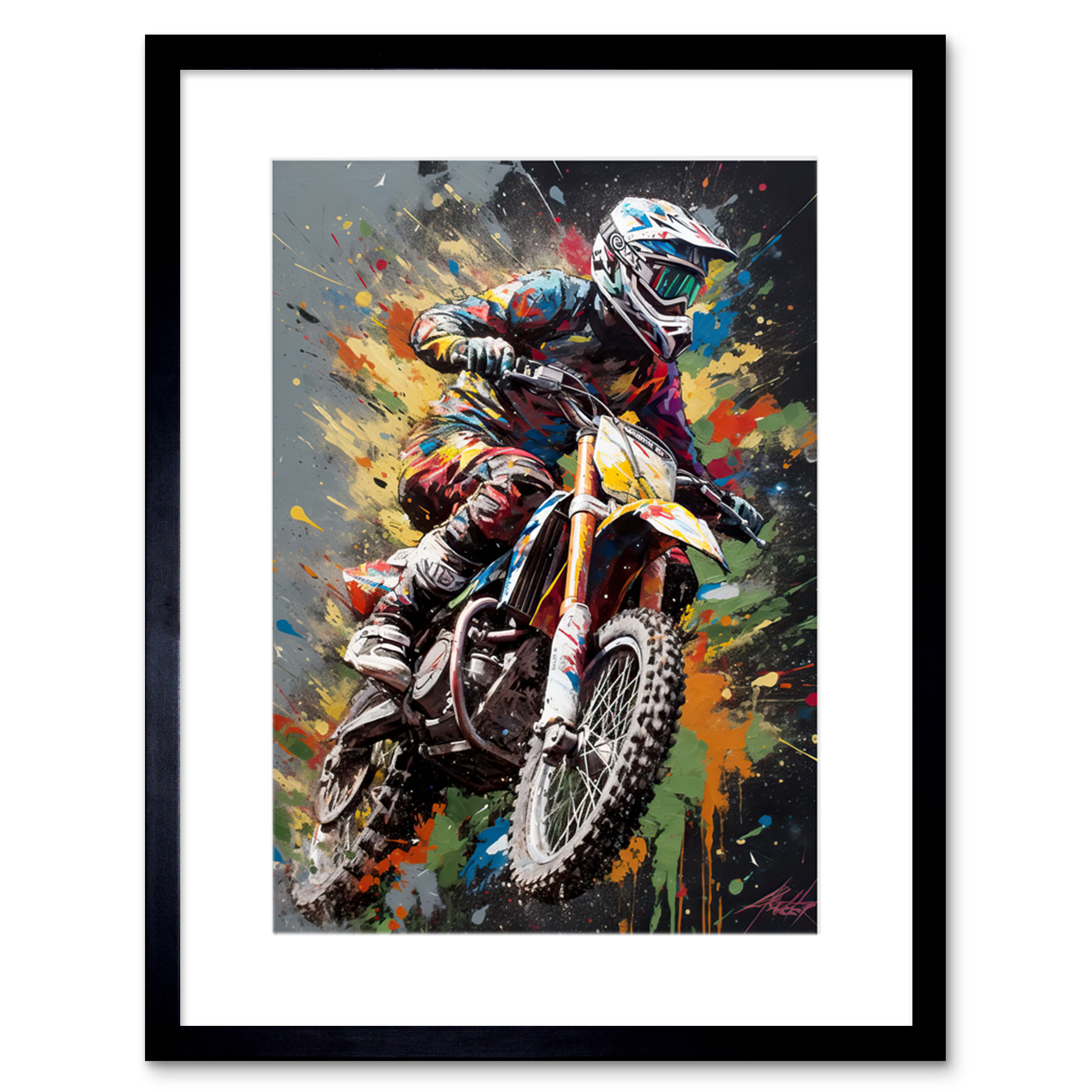 Dirt Bike Sport Splatter Paint Motocross Rider Framed Wall Art Print 9X7 In