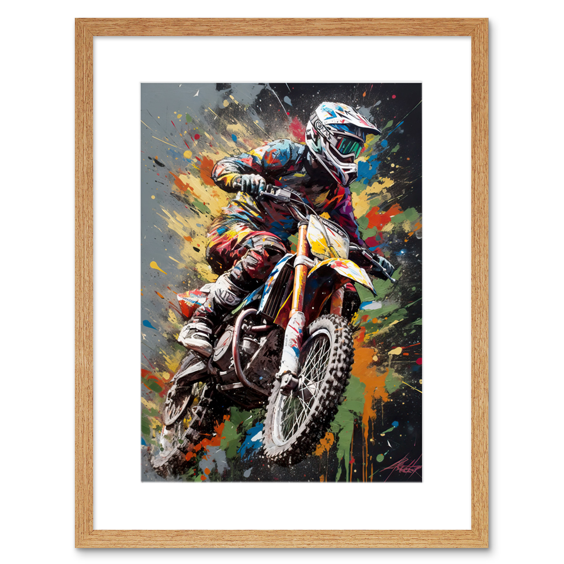 Dirt Bike Sport Splatter Paint Motocross Rider Framed Wall Art Print 9X7 In