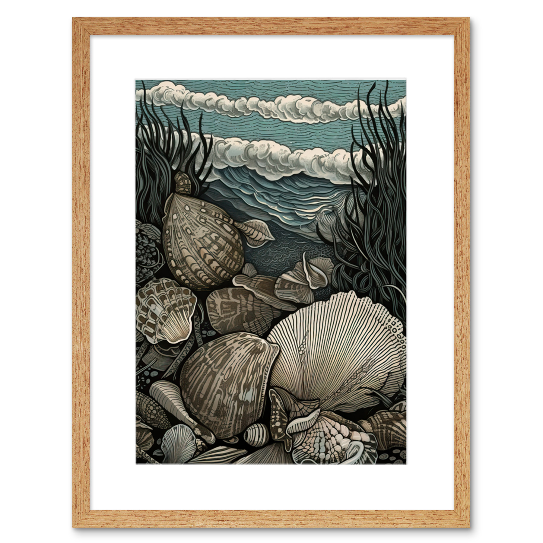 Seashells by the Shore Modern Coastal Illustration Framed Wall Art Print 9X7 In