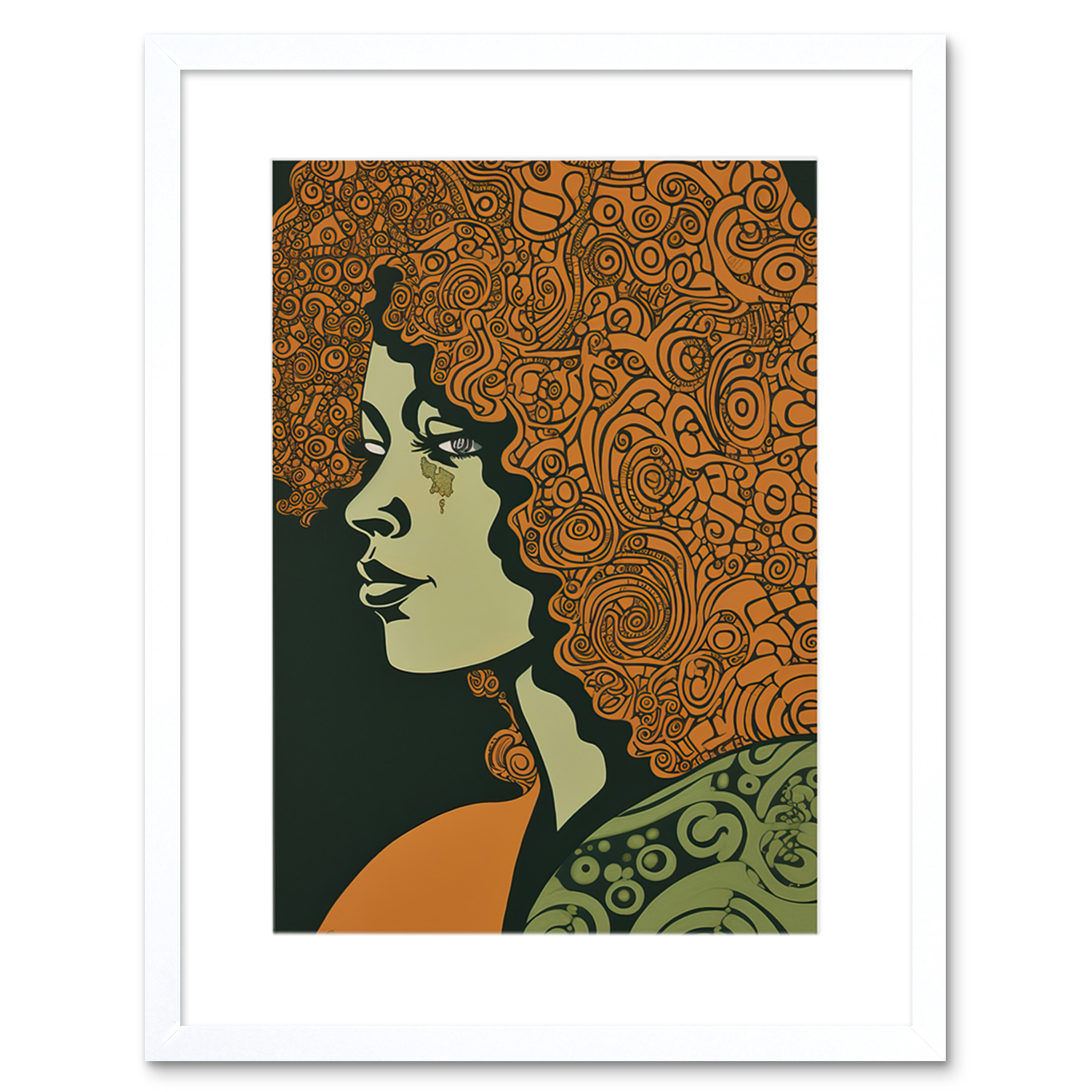 Woman Portrait Illustration with Pattern Afro Hair Framed Wall Art Print 9X7 In