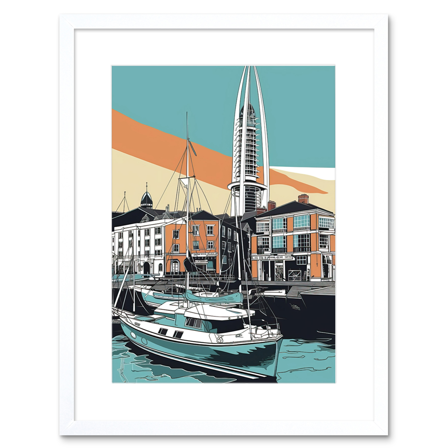 Portsmouth Historic Dockyard Modern Linocut Style Framed Wall Art Picture 9X7 In