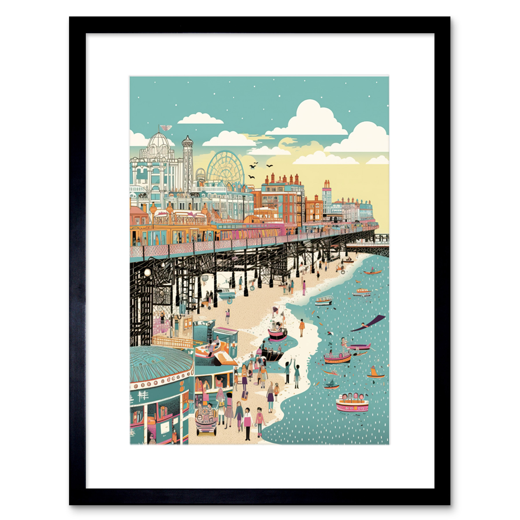 Brighton Beach Pier and Sandy Summer Scene Framed Wall Art Print Picture 9X7 In
