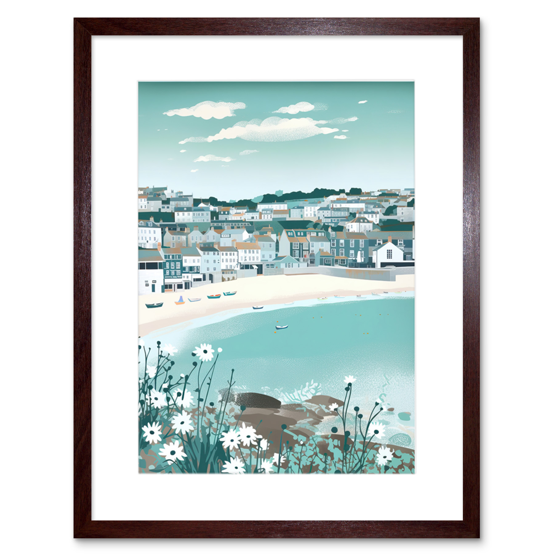 St Ives Bay Daisies Soft Pastel Coastal Cityscape Framed Wall Art Picture 9X7 In