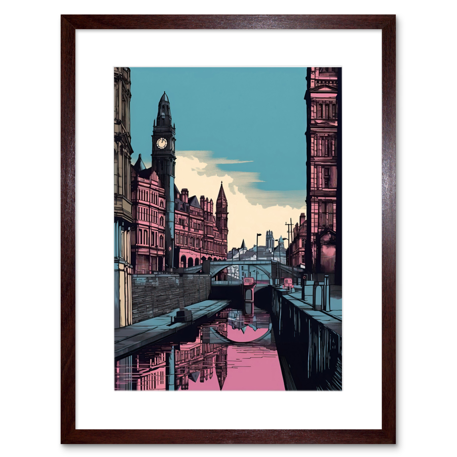 Leeds Canal Cityscape Pink and Teal Illustration Framed Art Print Picture 9X7 In