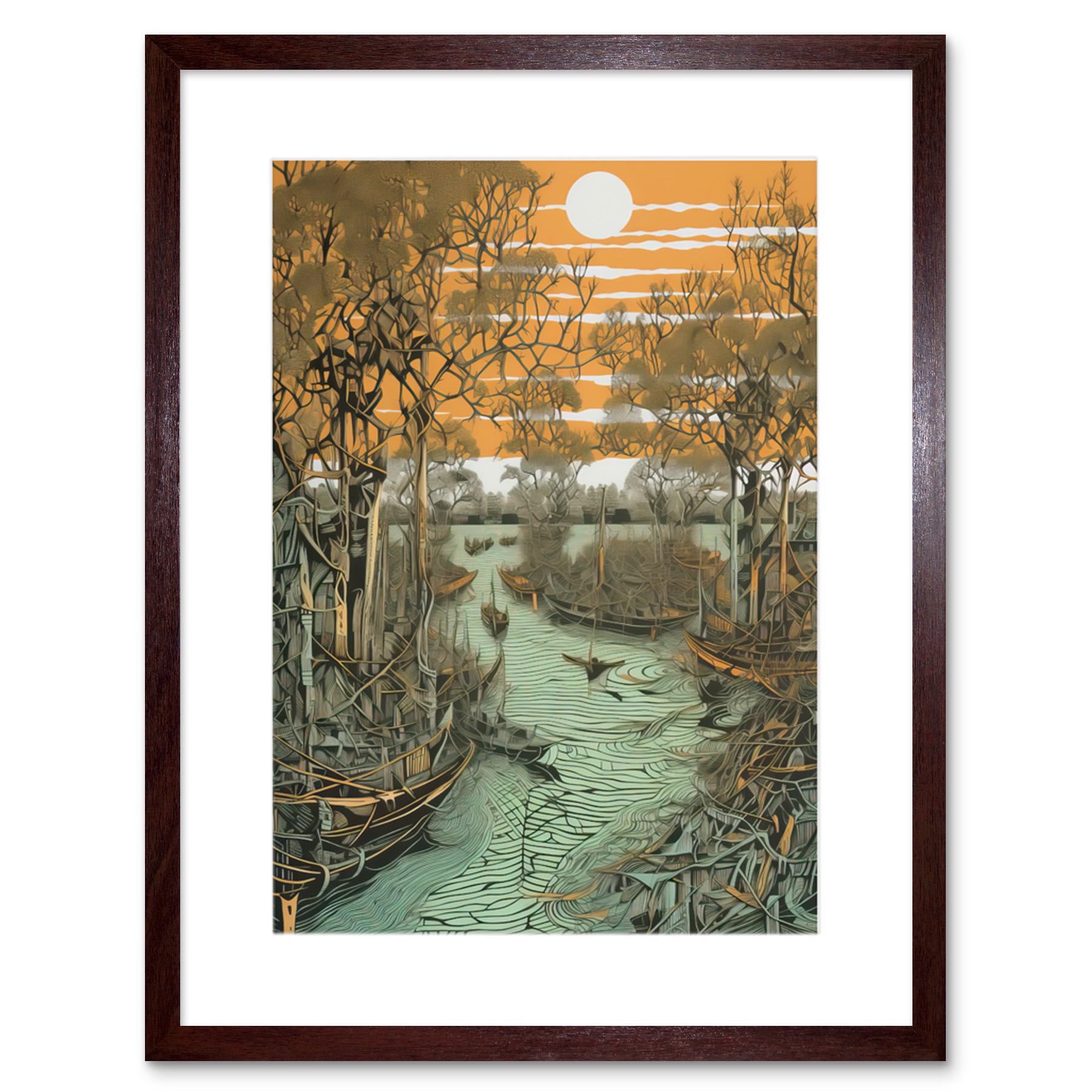 Mangrove Forest Swamp Landscape Linocut Style Framed Wall Art Print Picture 9X7""