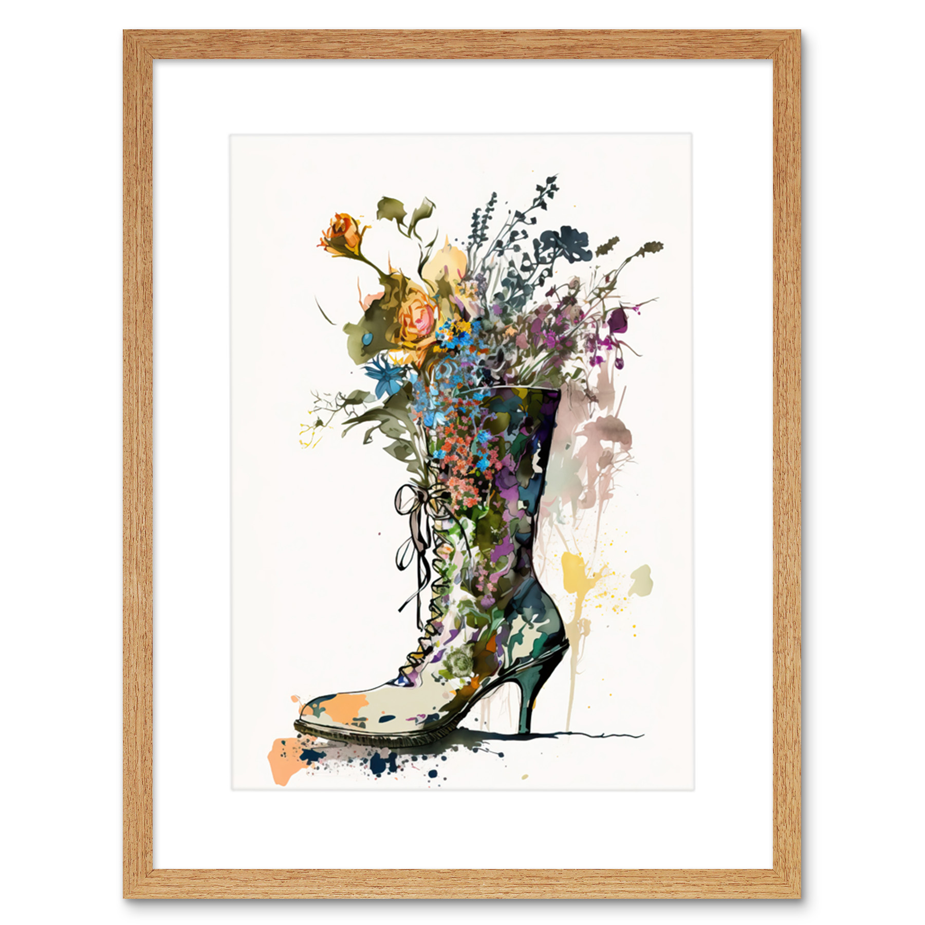 Spring Wildflower Bouquet in High Heel Floral Boot Framed Wall Art Picture 9X7""