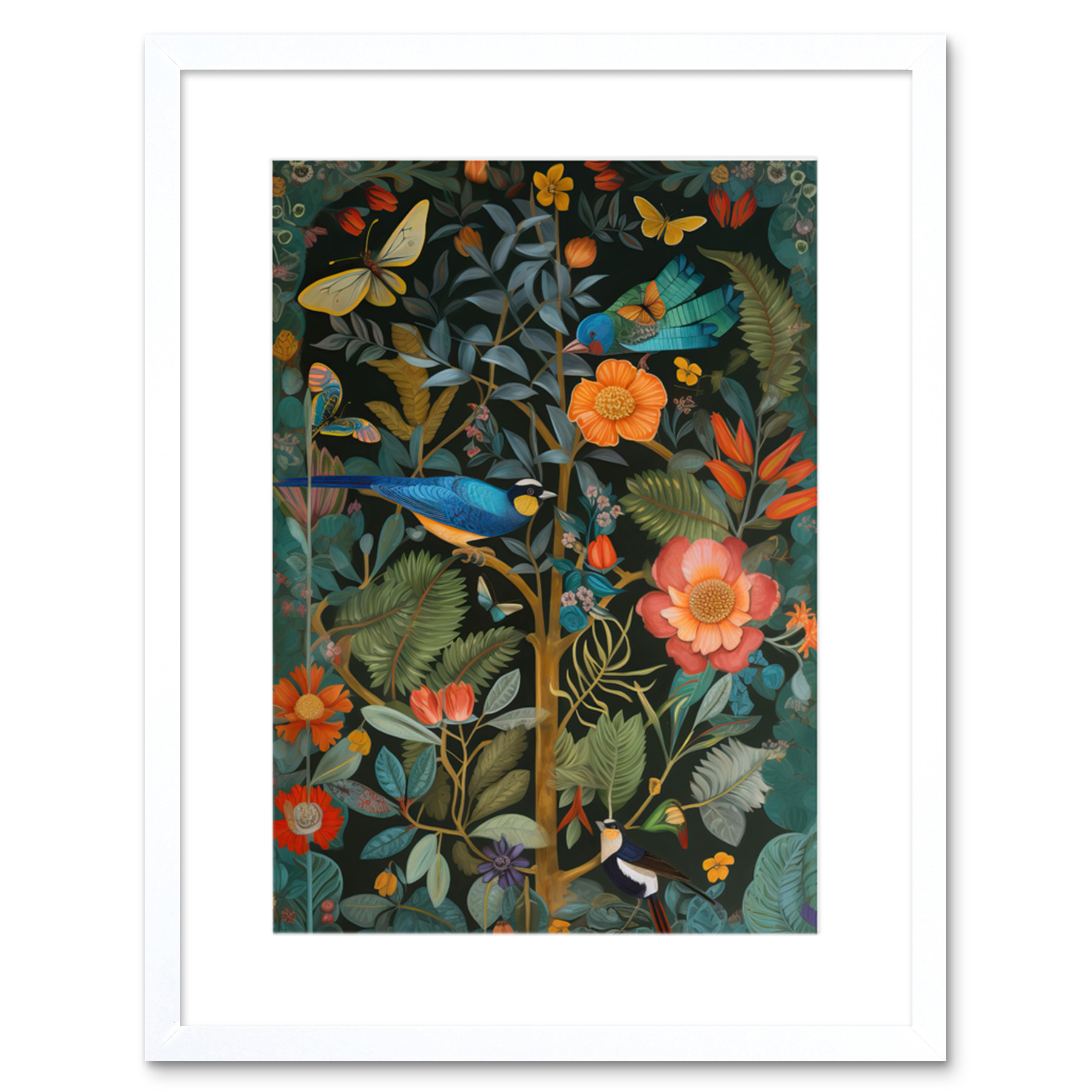 Birds and Butterflies Modern Flower Art Nouveau Framed Art Print Picture 9X7 In