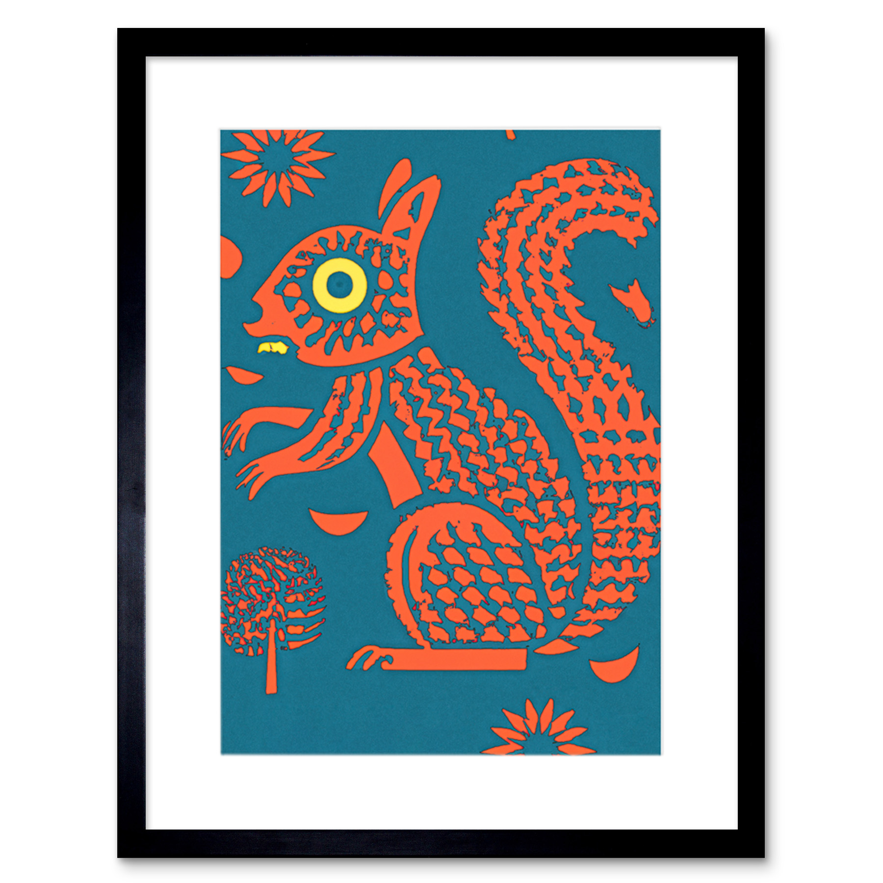 Squirrel Colour Block Modern Folk Art Linocut Framed Art Print Picture 9X7 In