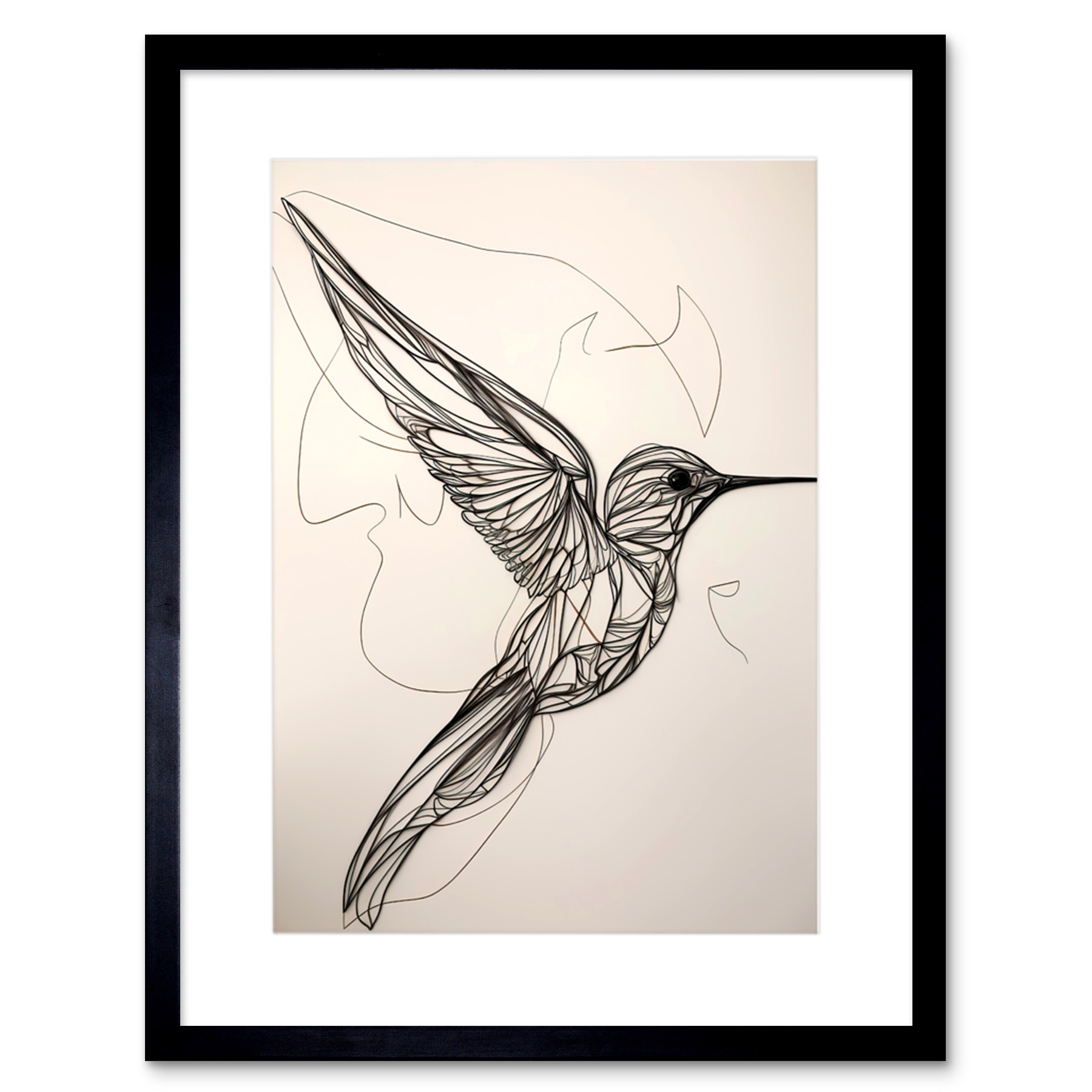 Humming Bird in Flight Line Drawing Portrait Framed Art Print Picture 9X7 In