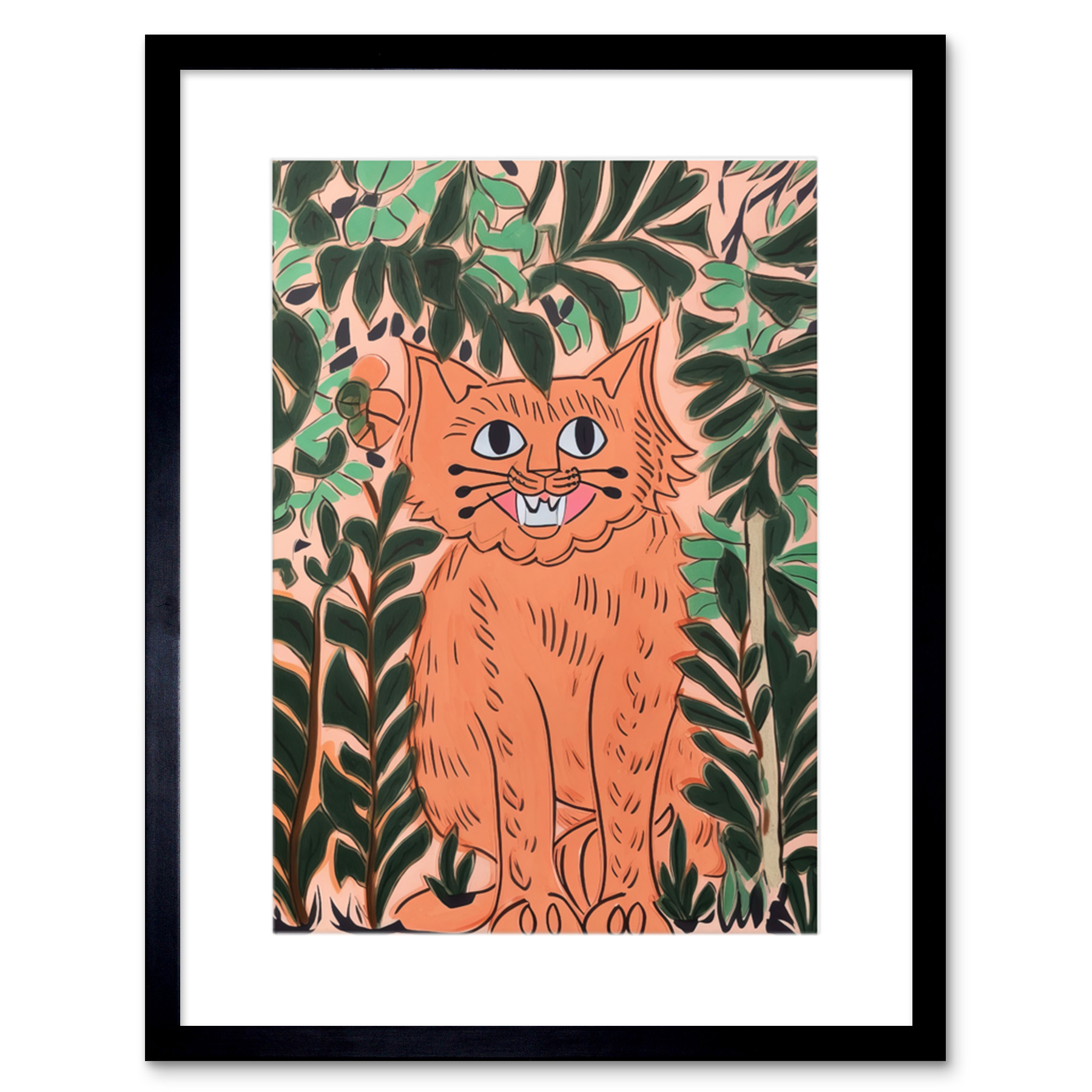 Ginger Orange Tabby Cat in Plants Modern Folk Art Framed Wall Art Picture 9X7 In