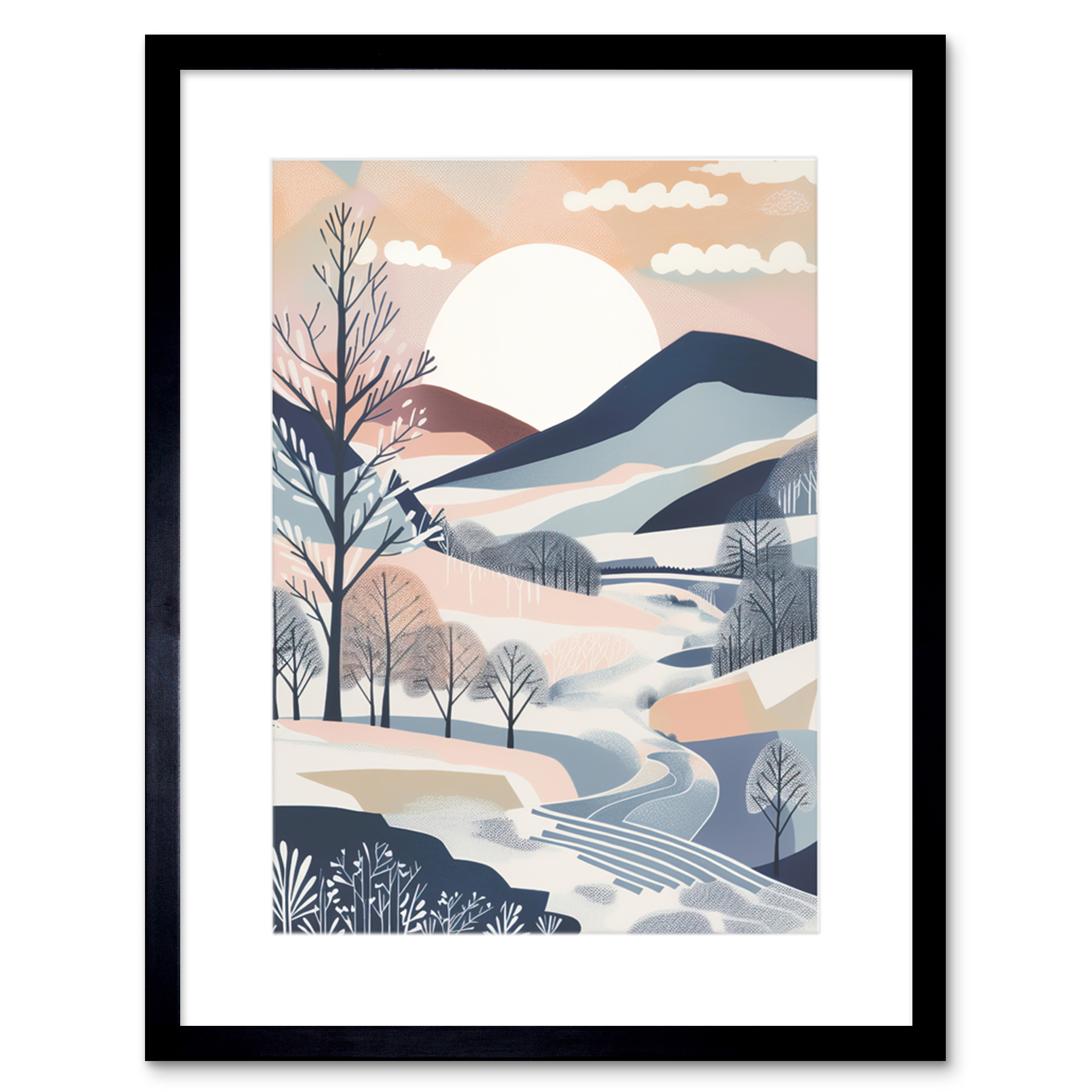 Countryside Path in Boho Hill Winter Landscape Framed Art Print Picture 9X7 In