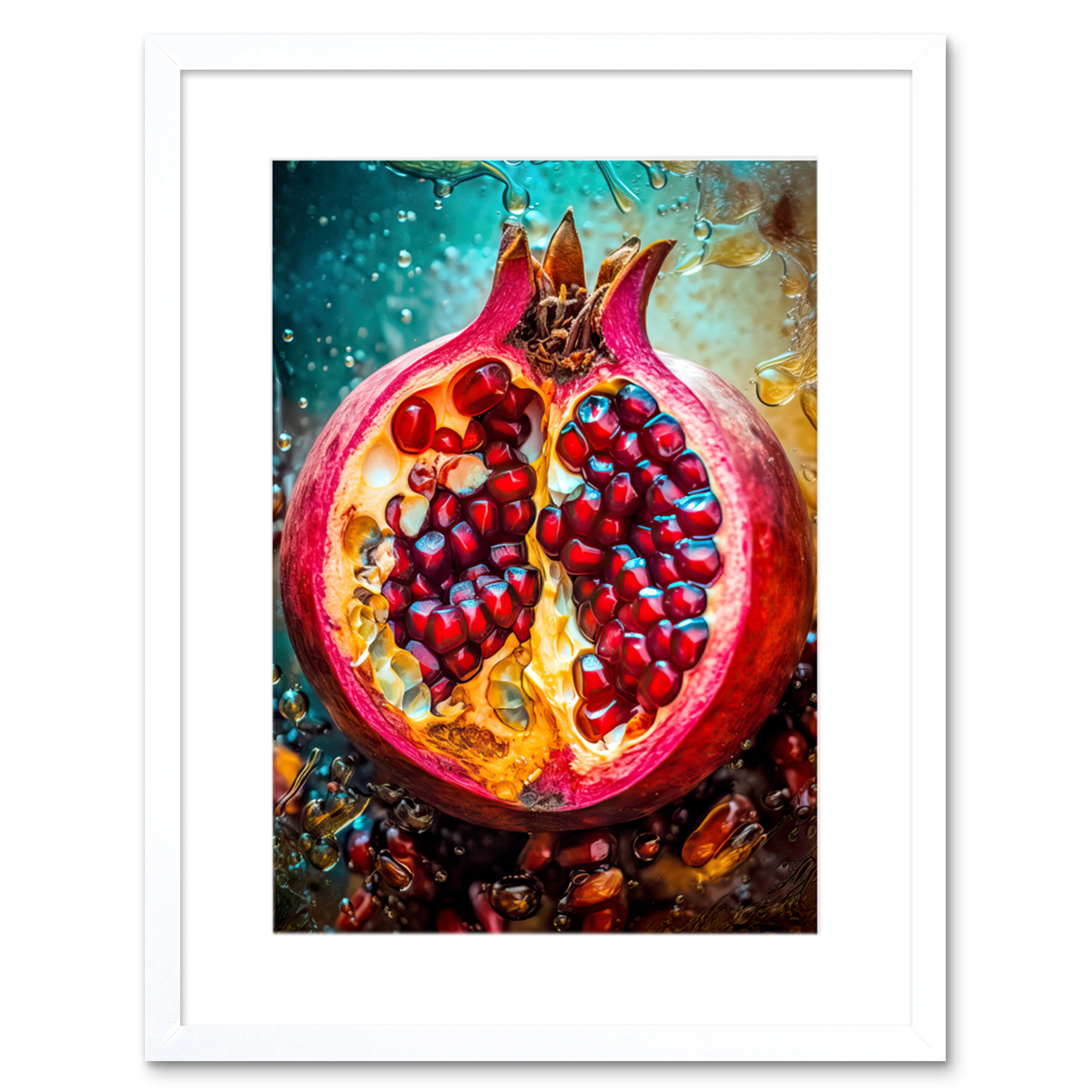 Sliced Pomegranate Fruit Photorealistic Painting Framed Wall Art Print 9X7 In
