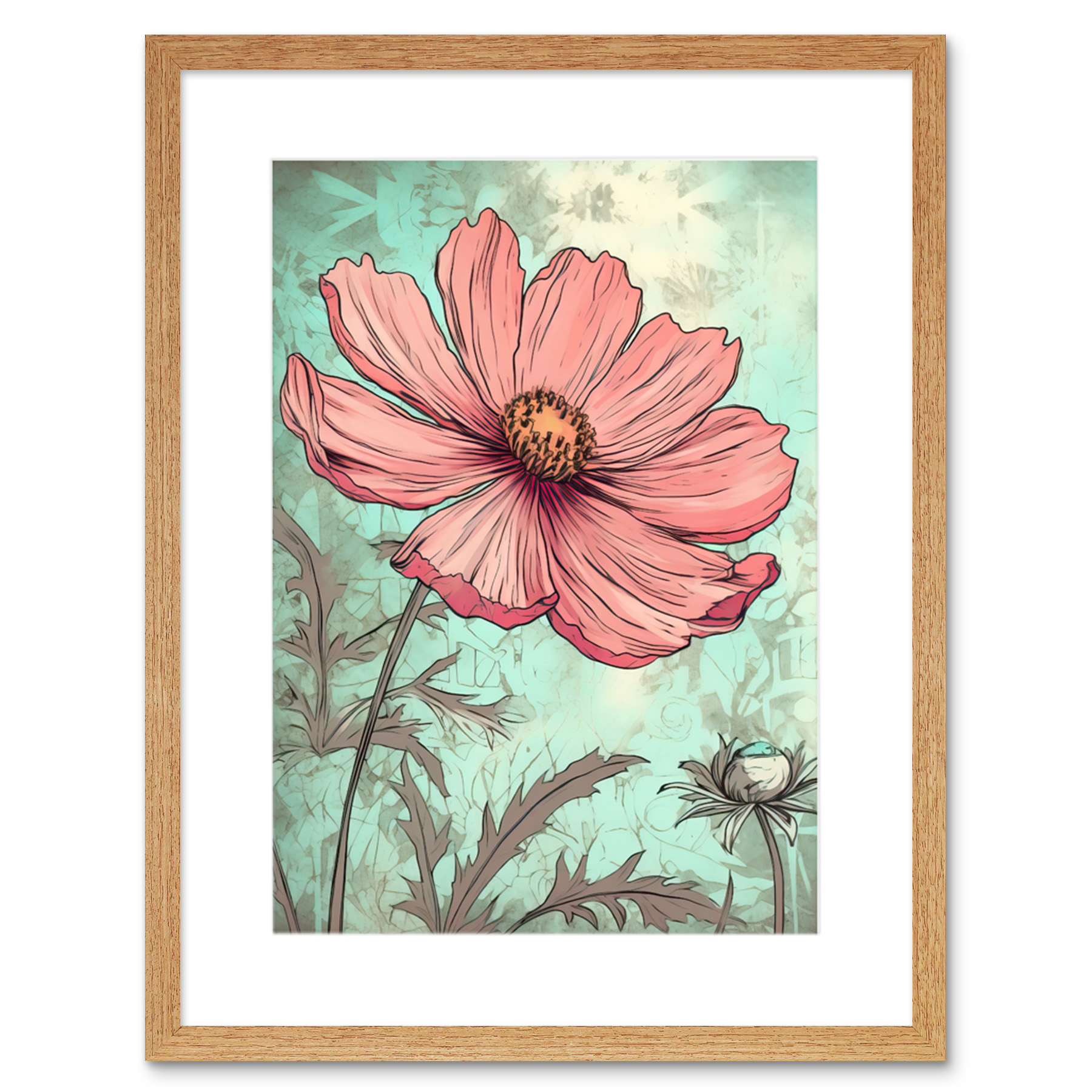 Cosmos Flower Bloom Soft Pink and Teal Watercolour Framed Art Print Picture 9X7""