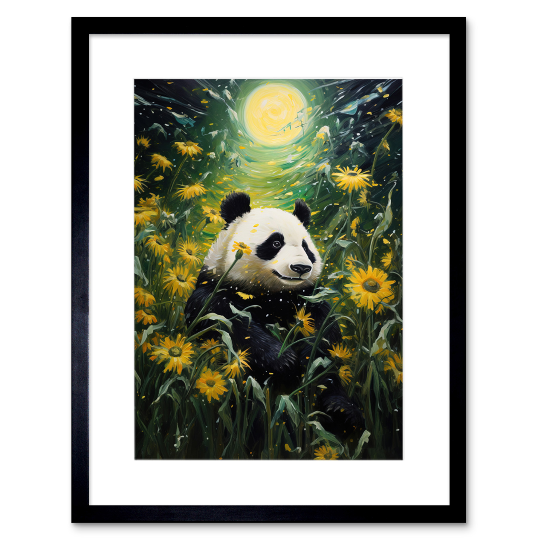 Midsummer Night's Panda Dream Full Moon Sunflower Field Framed Art Picture 9X7""