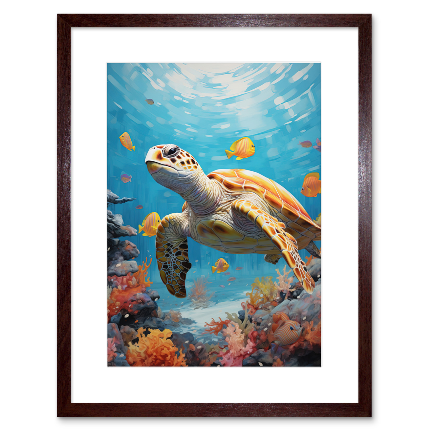 Loggerhead Sea Turtle in Coral Reef Bright Detailed Artwork Framed Wall Art 9X7""