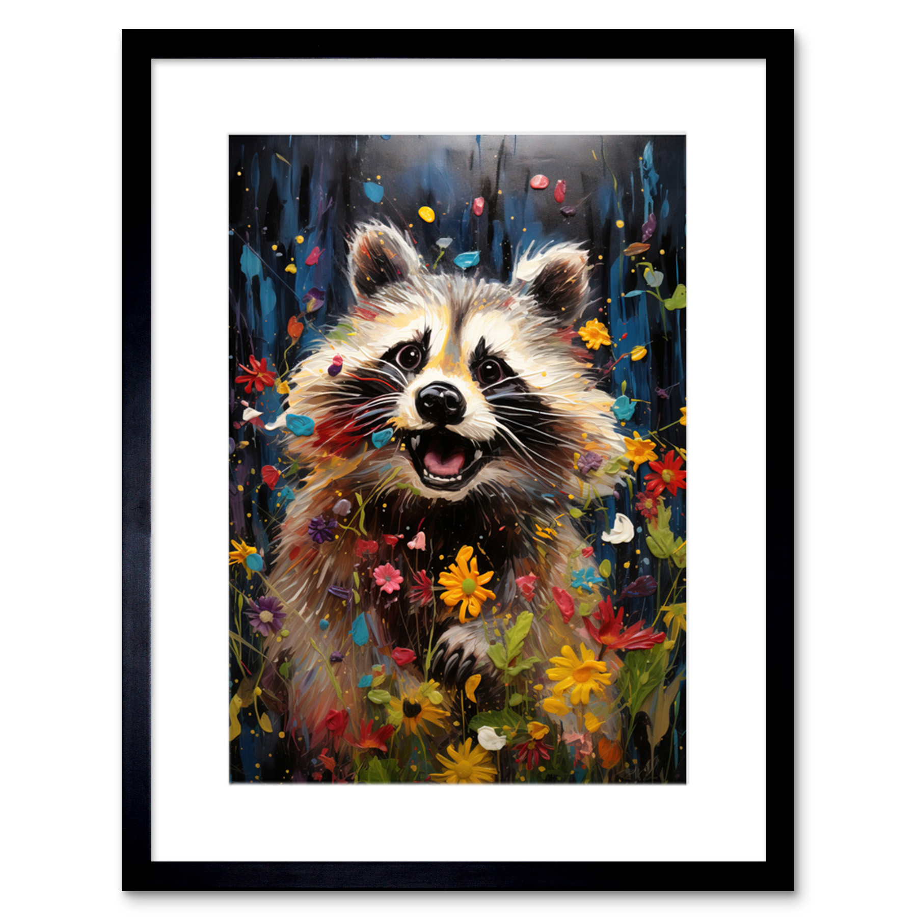 Racoon Romp Playing in a Wildflower Meadow Quirky Portrait Framed Wall Art 9X7""