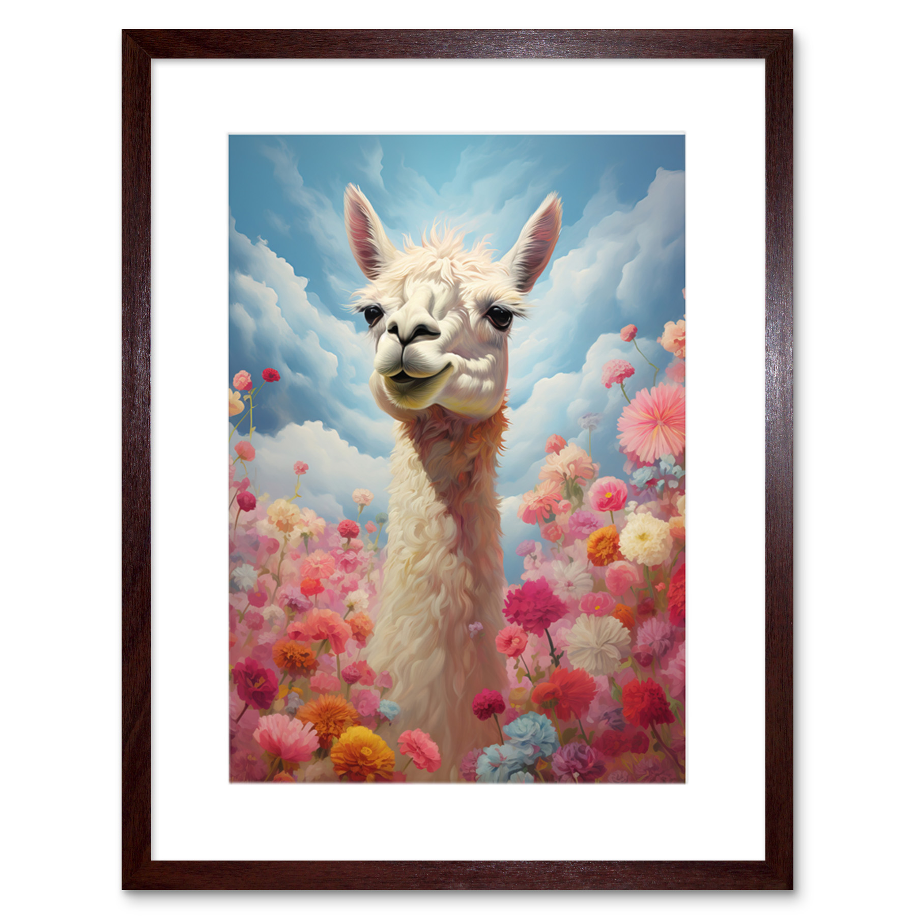Happy Llama Peeking Head Over Pink Flowers Bright Colourful Framed Wall Art 9X7""