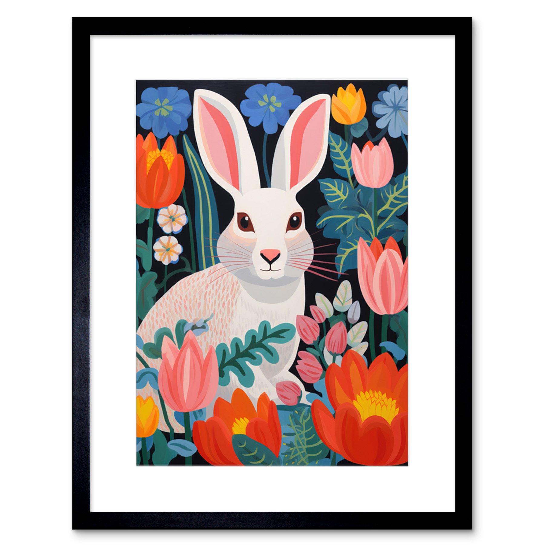 Bunny Rabbit Colourful Bold Vibrant Flowers Kids Bedroom Framed Art Picture 9X7""