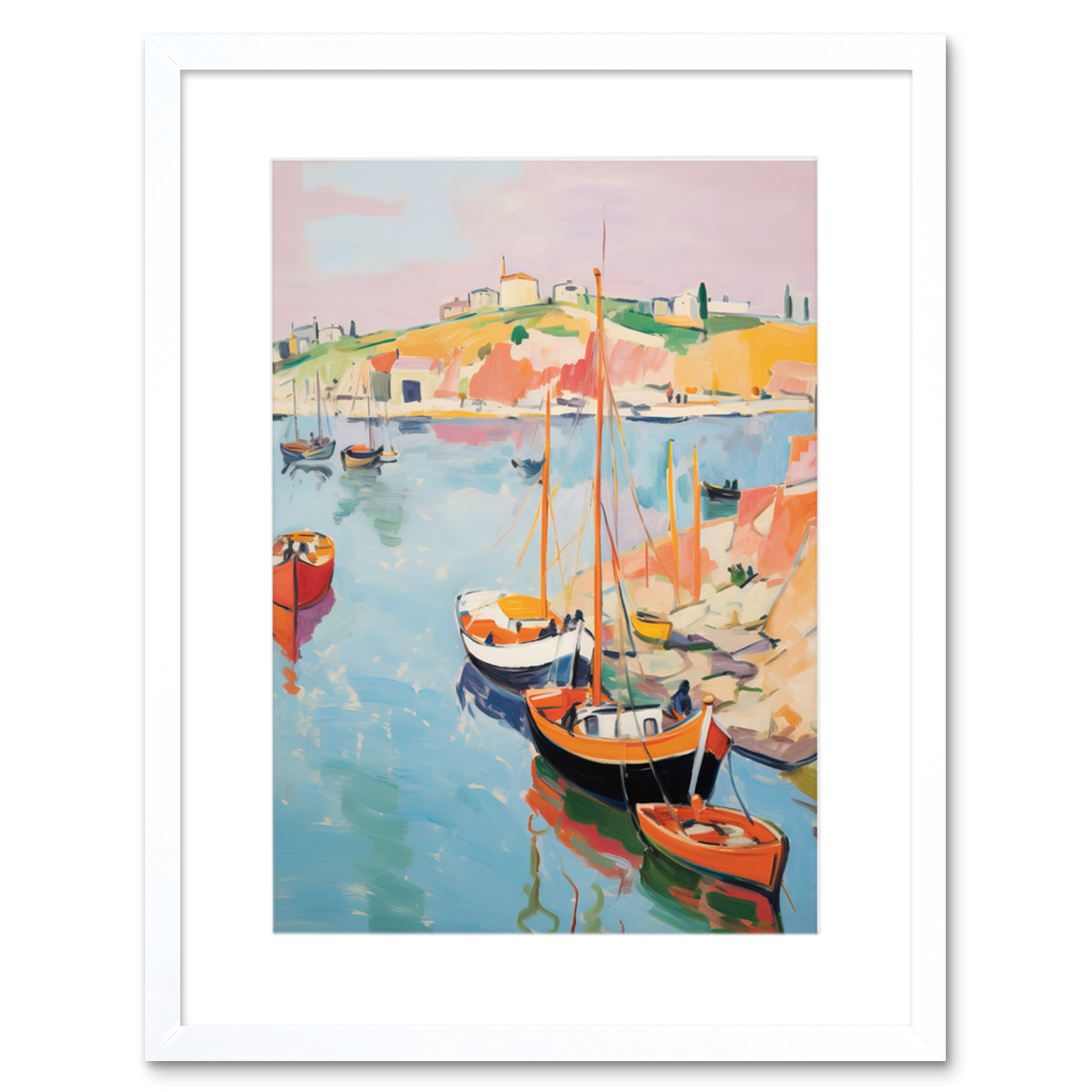 Boats in Harbour Fishing Village Coastal Landscape Abstract Framed Wall Art 9X7""