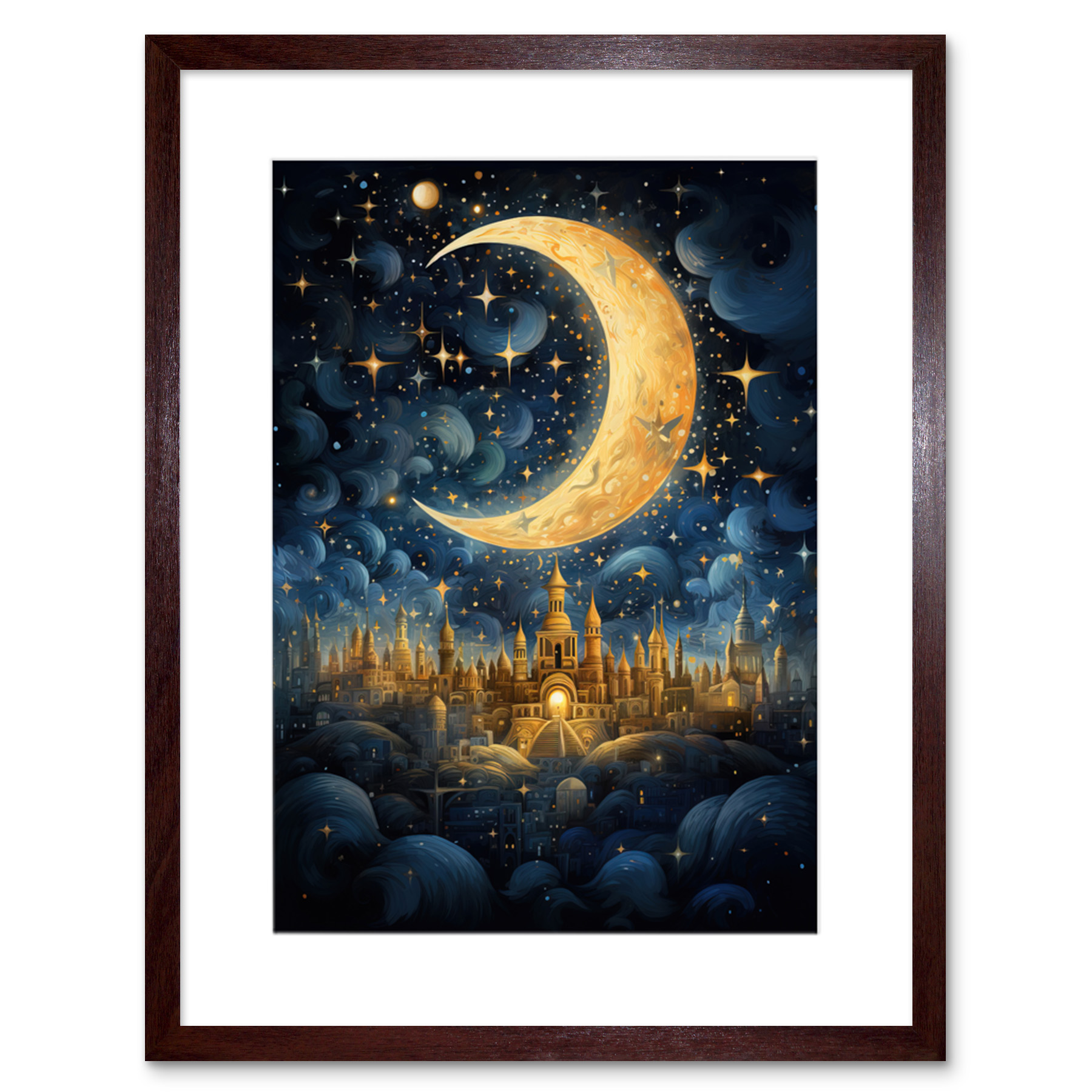 Golden City in the Clouds Surreal Artwork Moon Starry Night Framed Wall Art 9X7""