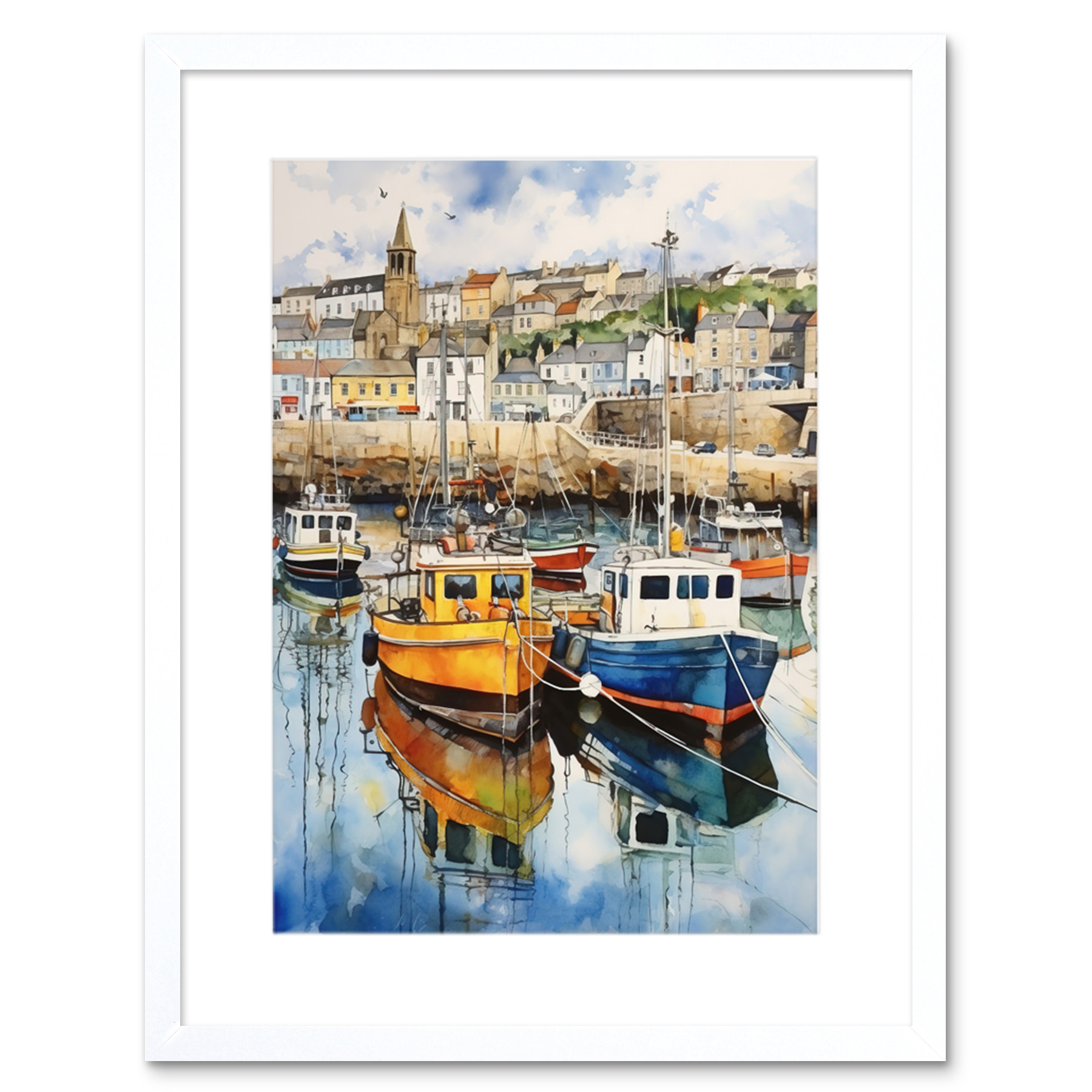 Penzance Harbour Trawler Boats Promenade Watercolour Framed Wall Art Picture 9X7