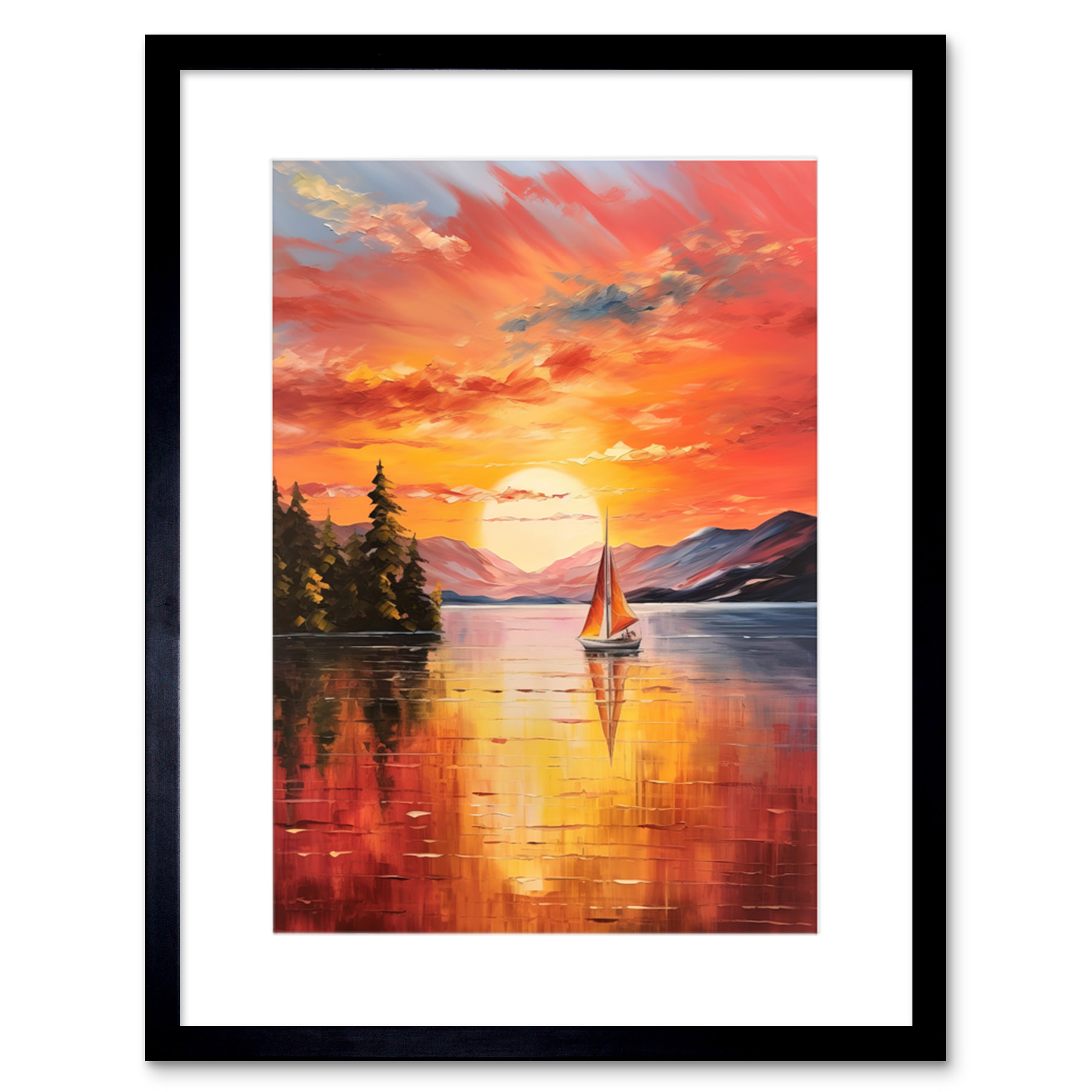 Serene Lake Sunset Sailing Vibrant Painting Sail Boat Framed Art Picture 9X7""