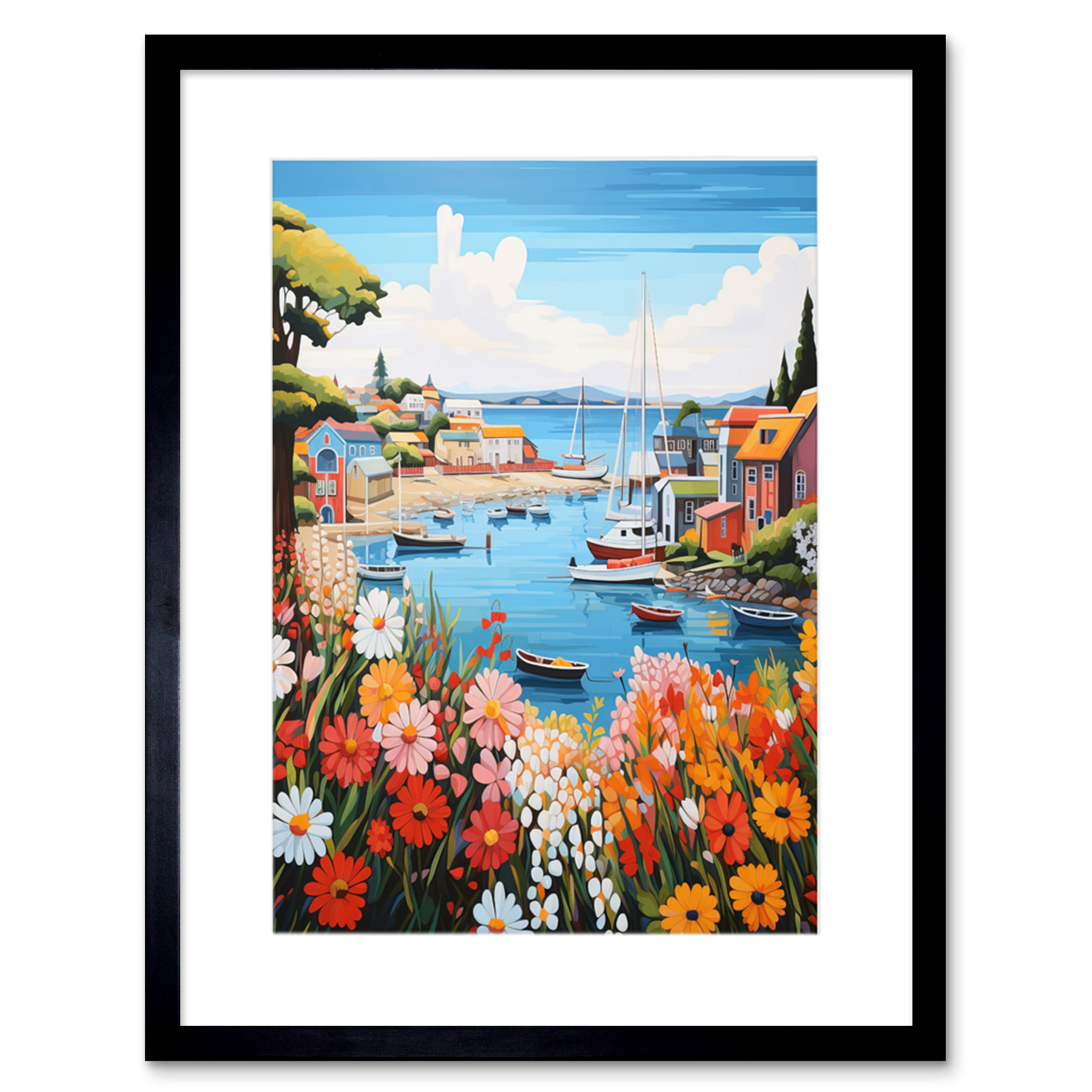 Idyllic Scenic Seaside Fishing Village Bright Floral Harbor Framed Wall Art 9X7""
