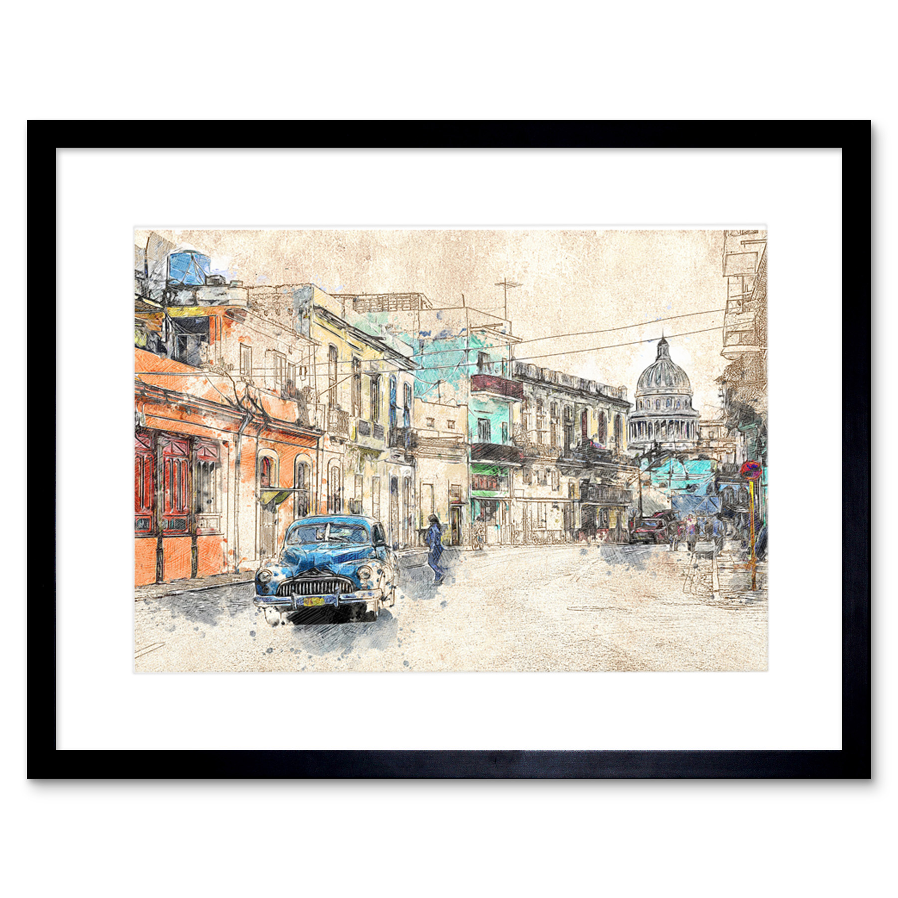 Havana Cuba Street Painting Sketch Framed Wall Art Print 9x7 Inch
