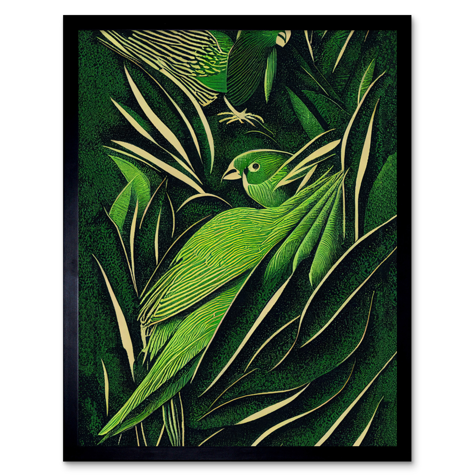 Green Retro Jungle Tropical Leaves Parrots Framed Wall Art Picture Print 9X7 In
