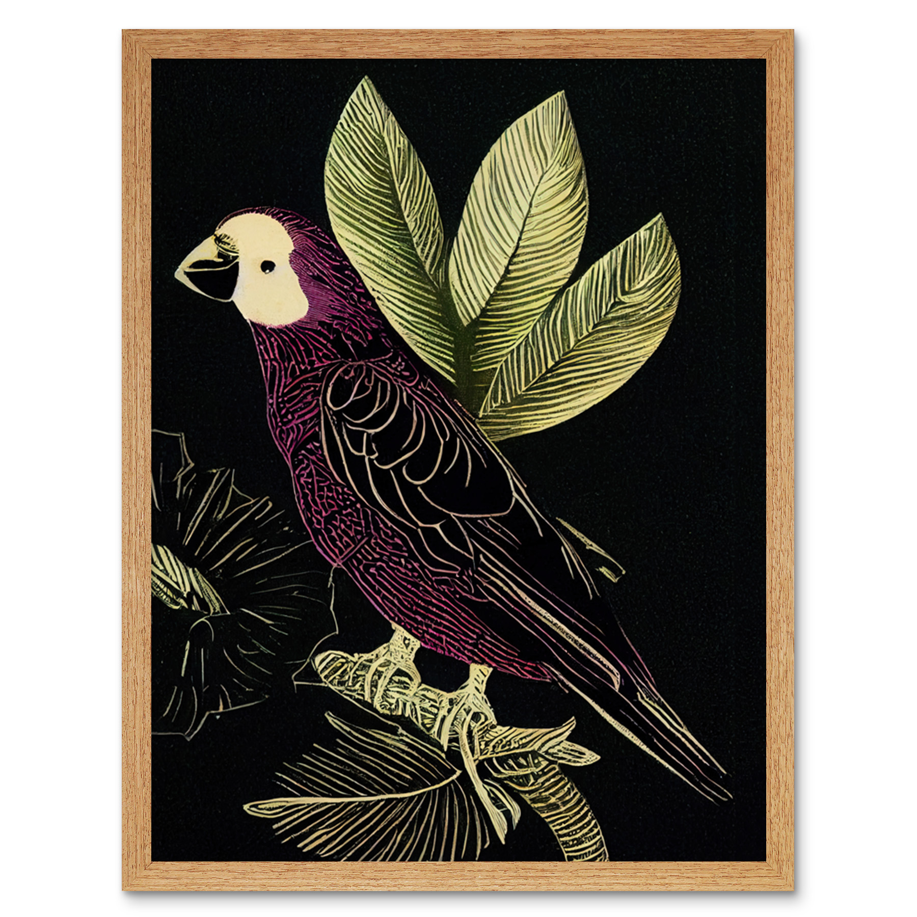 Burgundy Parrot Leaves Tree Branch Linocut Framed Wall Art Picture Print 9X7 In